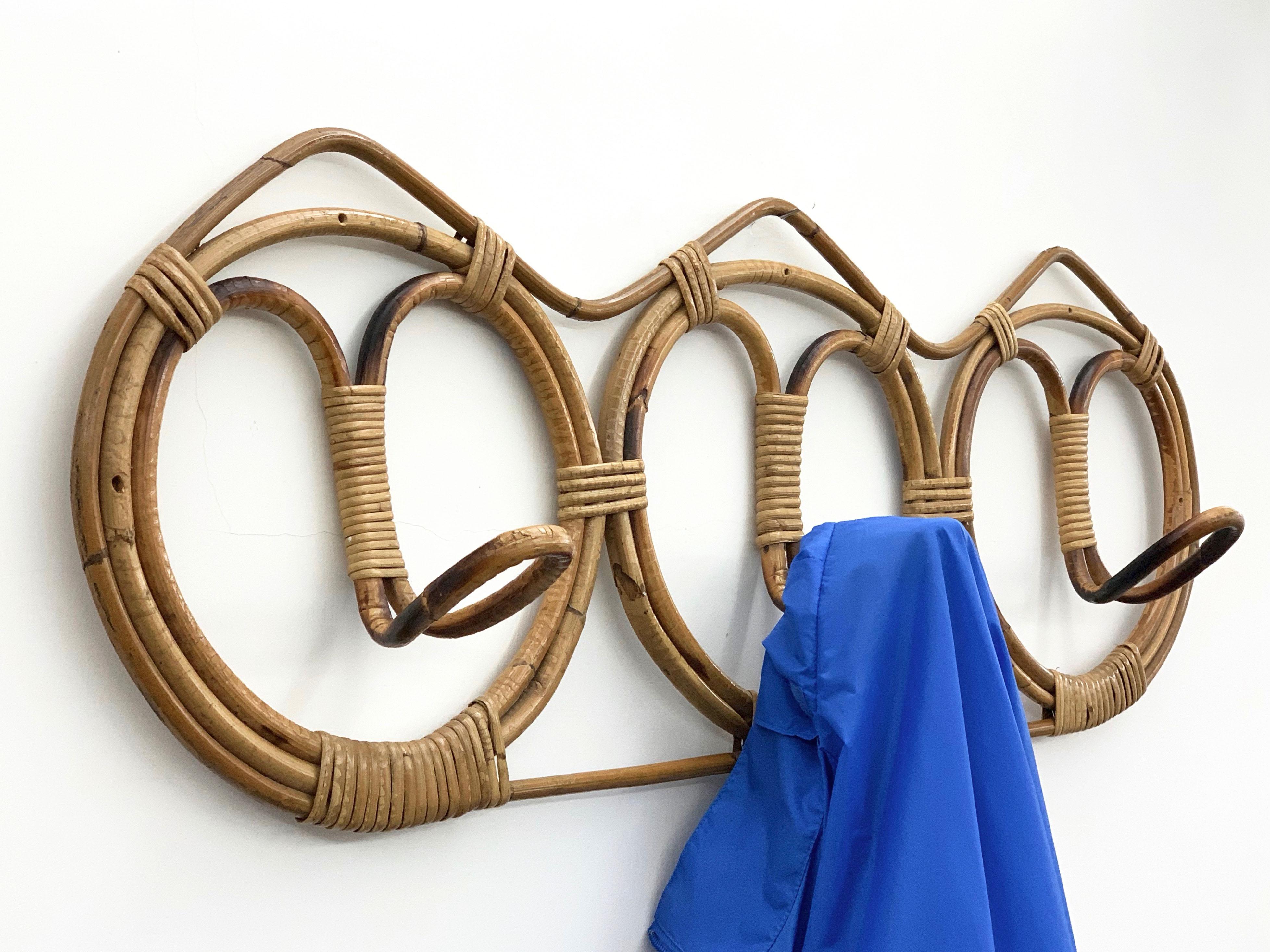 Midcentury Rattan and Bamboo Italian Coat Hook, 1960s For Sale 5