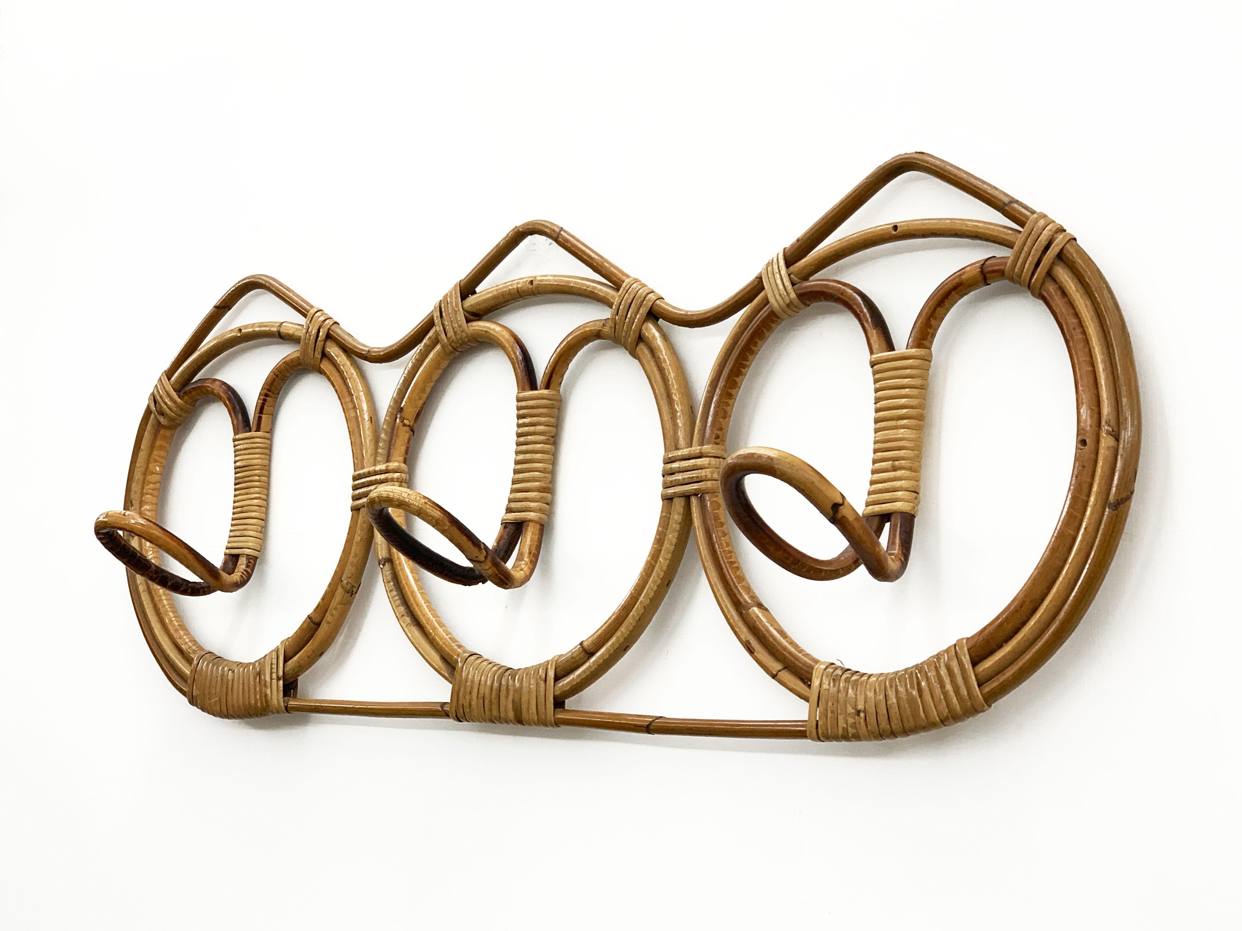 Mid-20th Century Midcentury Rattan and Bamboo Italian Coat Hook, 1960s For Sale