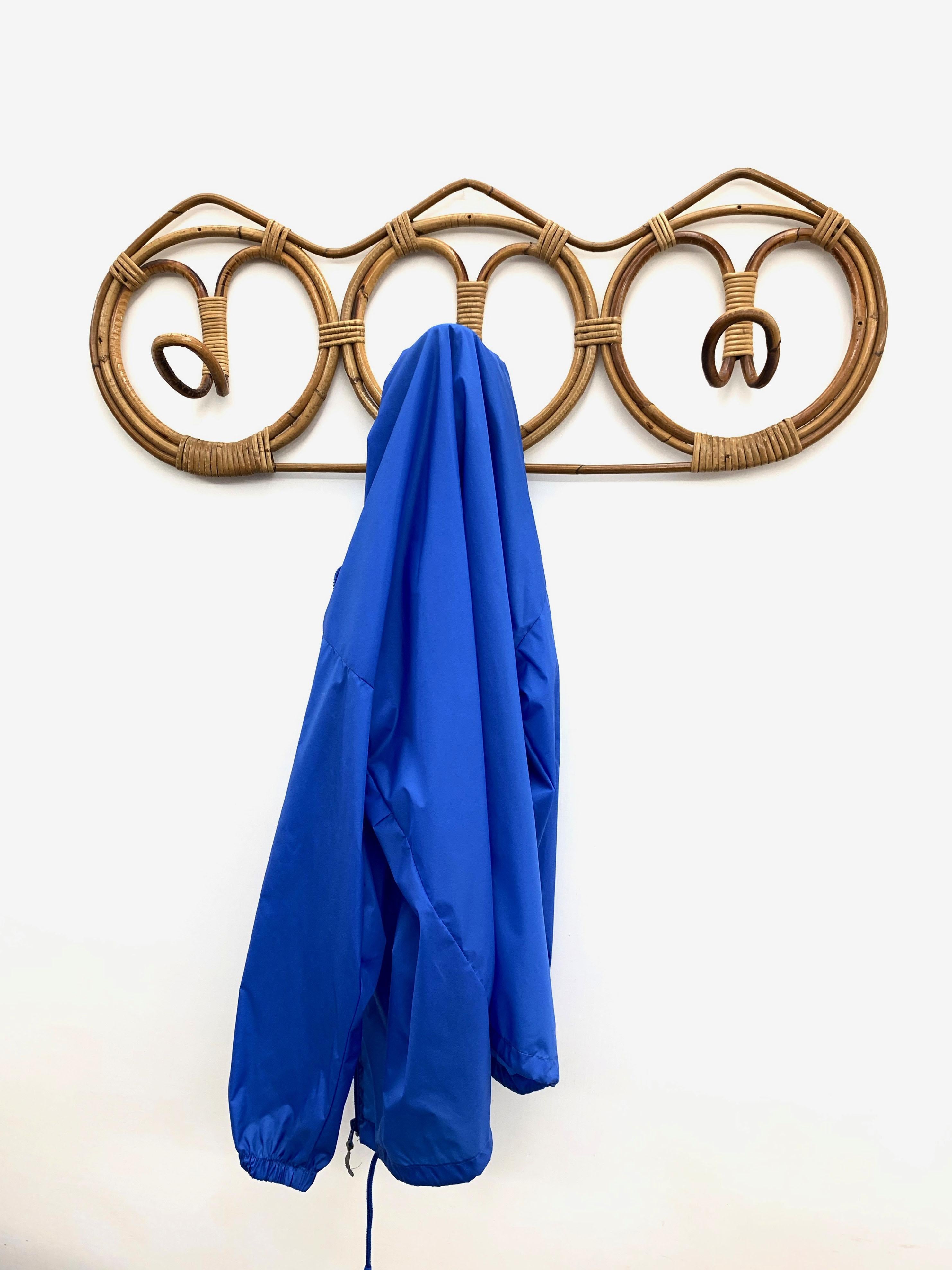Midcentury Rattan and Bamboo Italian Coat Hook, 1960s For Sale 3