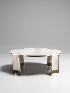 Rattan Coffee Table with Parchment and Bronze-Patina Brass Inlay by R&Y Augousti