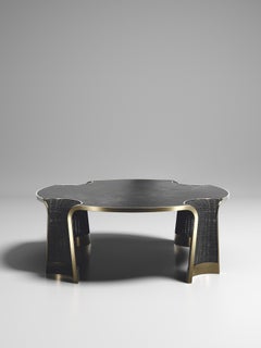Rattan Coffee Table with Parchment and Bronze-Patina Brass Inlay by R&Y Augousti