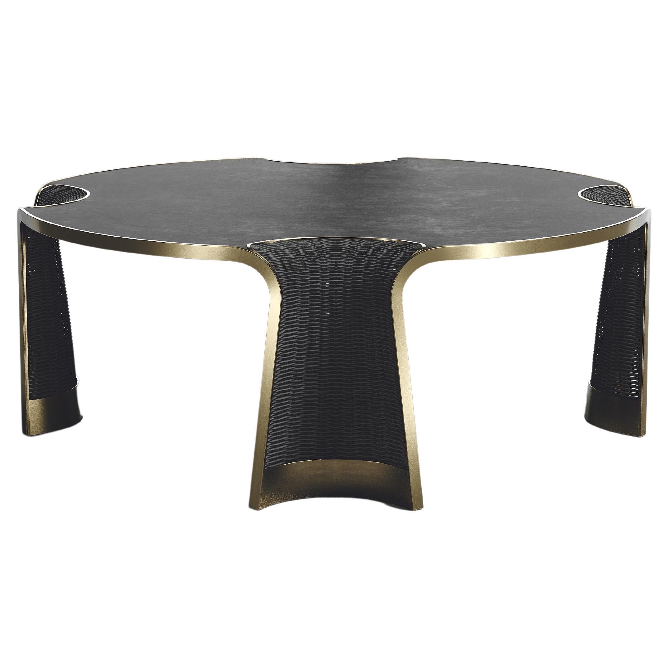 Rattan Coffee Table with Parchment and Bronze-Patina Brass Inlay by R&Y Augousti