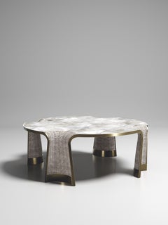 Rattan Coffee Table with Quartz and Bronze-Patina Brass Inlay by R&Y Augousti