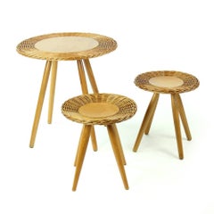 Rattan Coffee Table with Two Stools by ÚĽUV, Czechoslovakia, 1960s