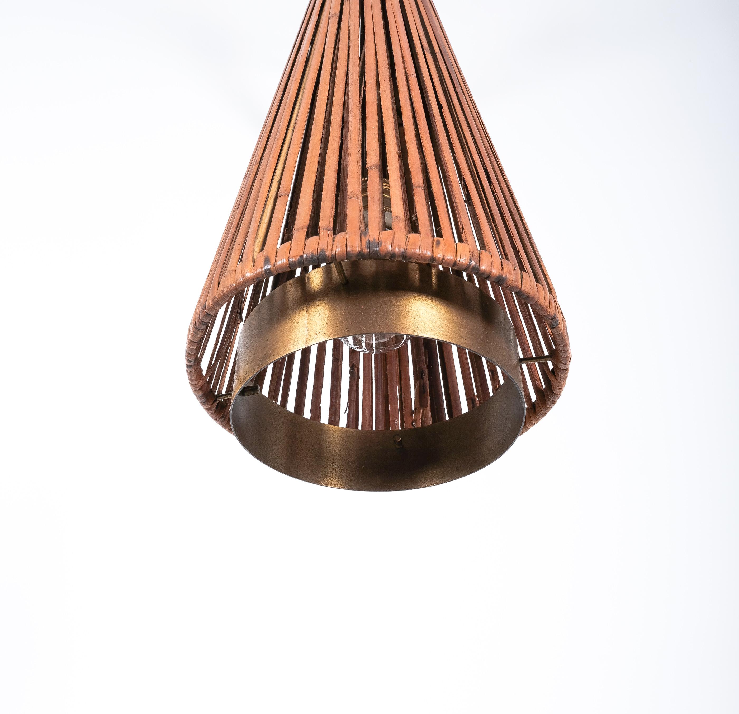 Italian Rattan Cone Pendant Lamp Brass, Italy, circa 1950 For Sale