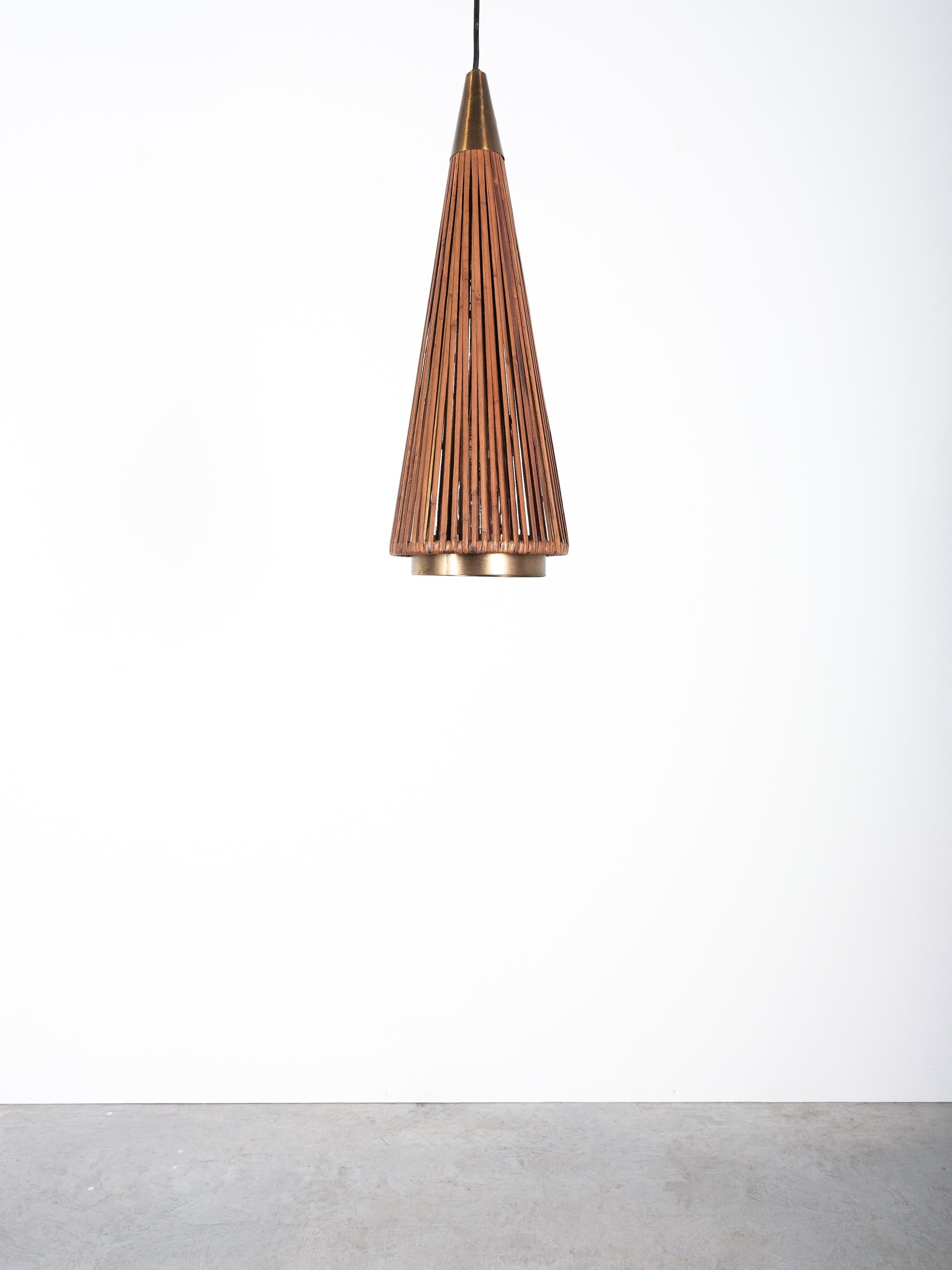 Rattan Cone Pendant Lamp Brass, Italy, circa 1950 For Sale 1