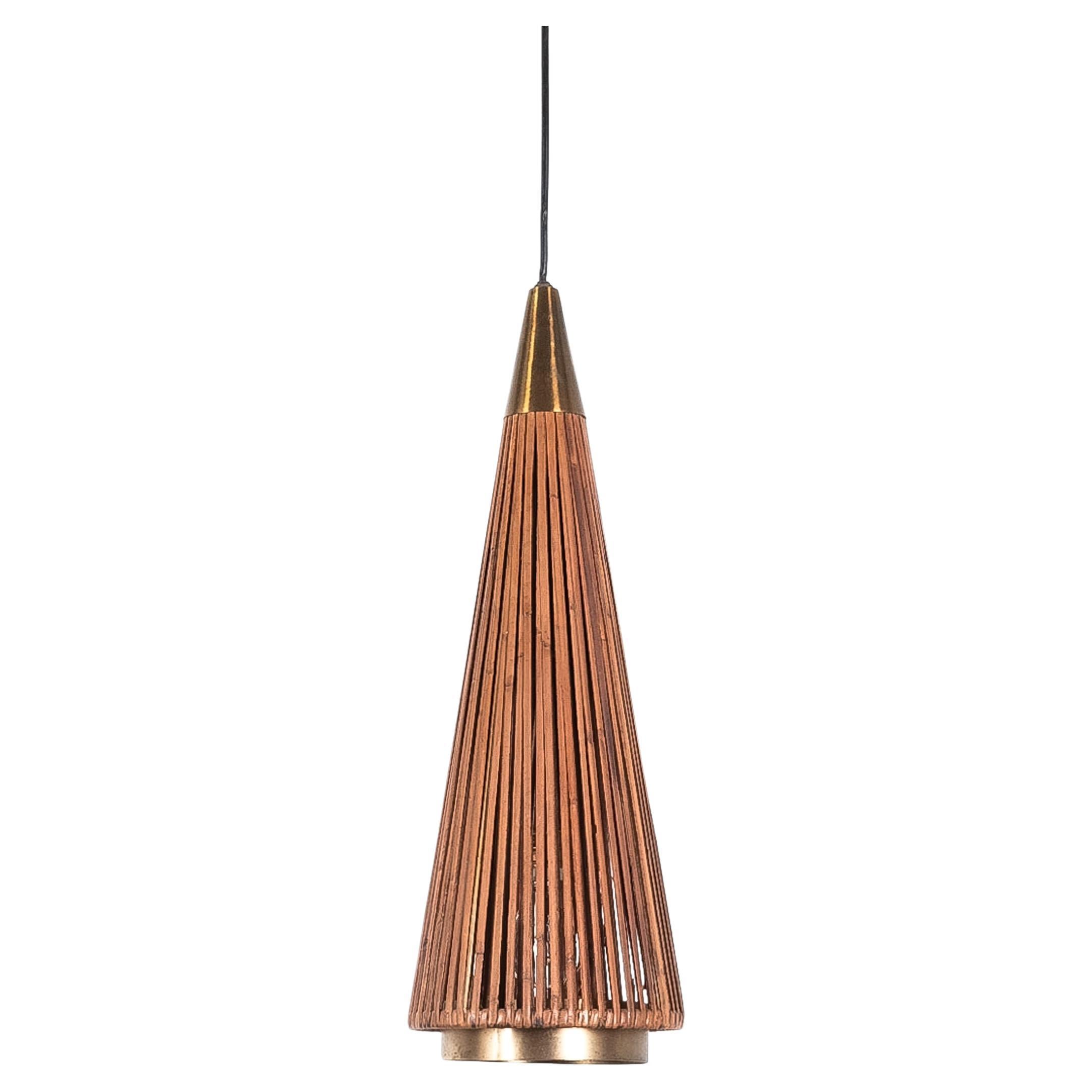 Rattan Cone Pendant Lamp Brass, Italy, circa 1950