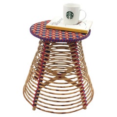 Rattan Conical Stool / Side Table with Braided Acrylic Blue Red Accents