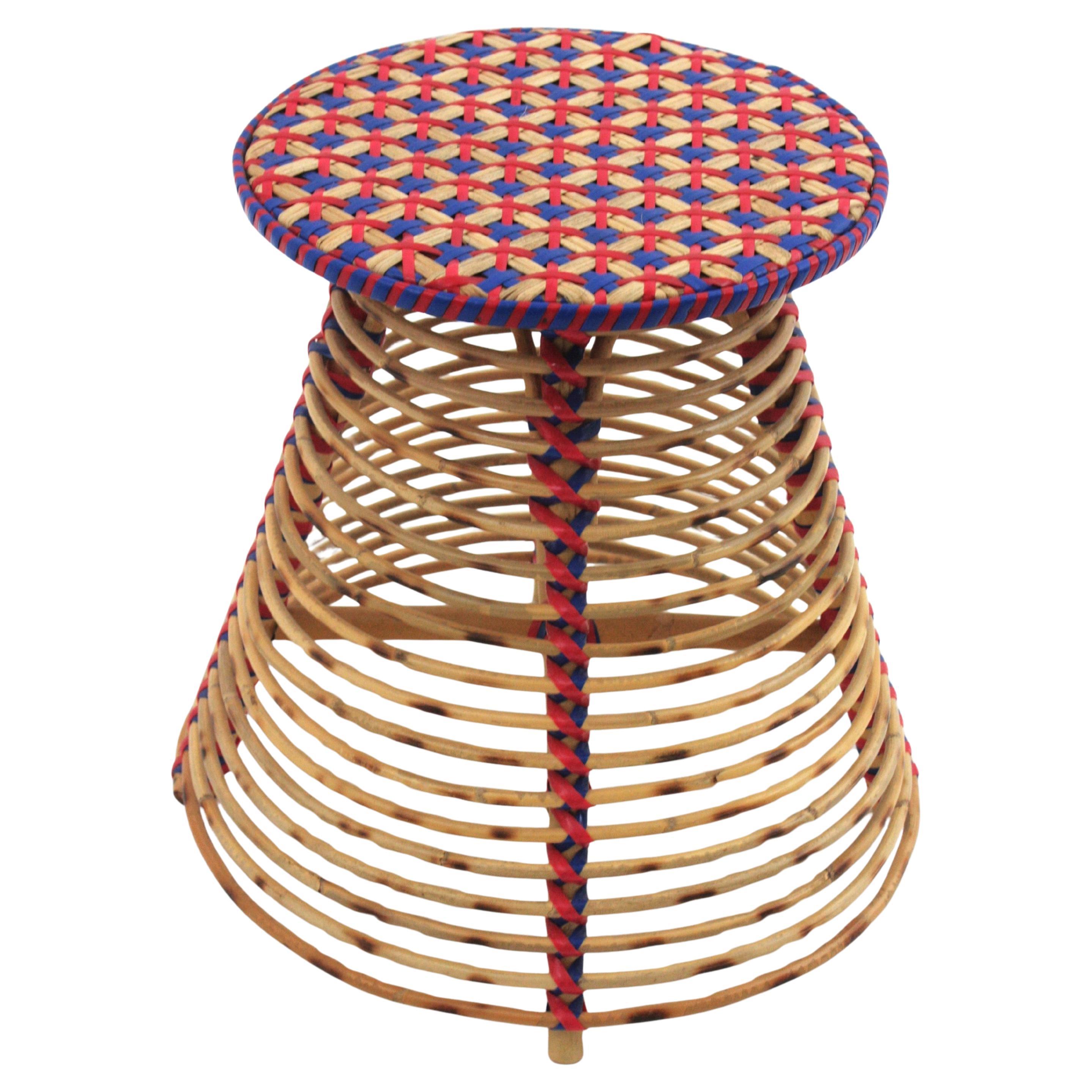 Rattan Conical Stool / Side Table with Braided Acrylic Blue Red Accents