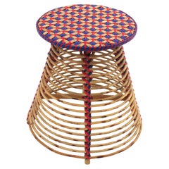 Rattan Conical Stool / Side Table with Braided Acrylic Blue Red Accents