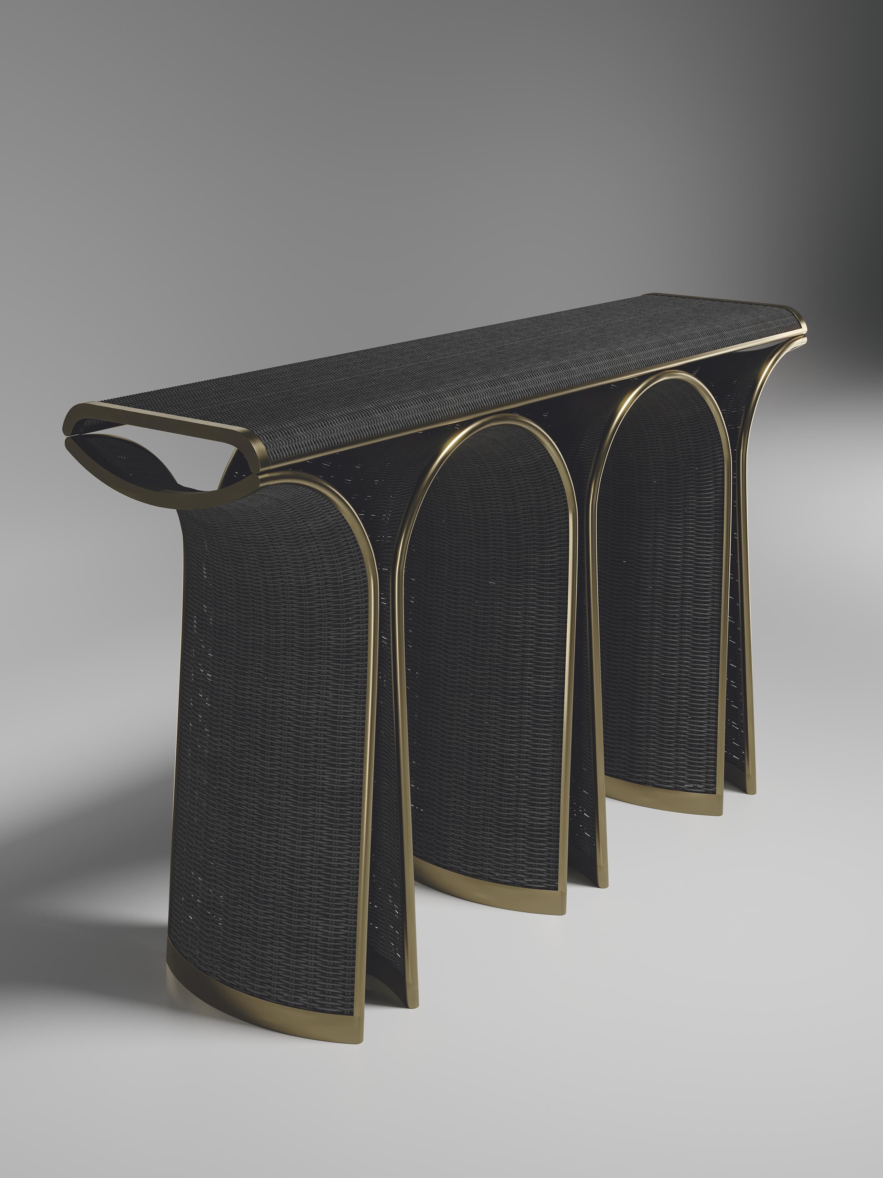 French Rattan Console with Bronze-Patina Brass Inlay by R&Y Augousti For Sale