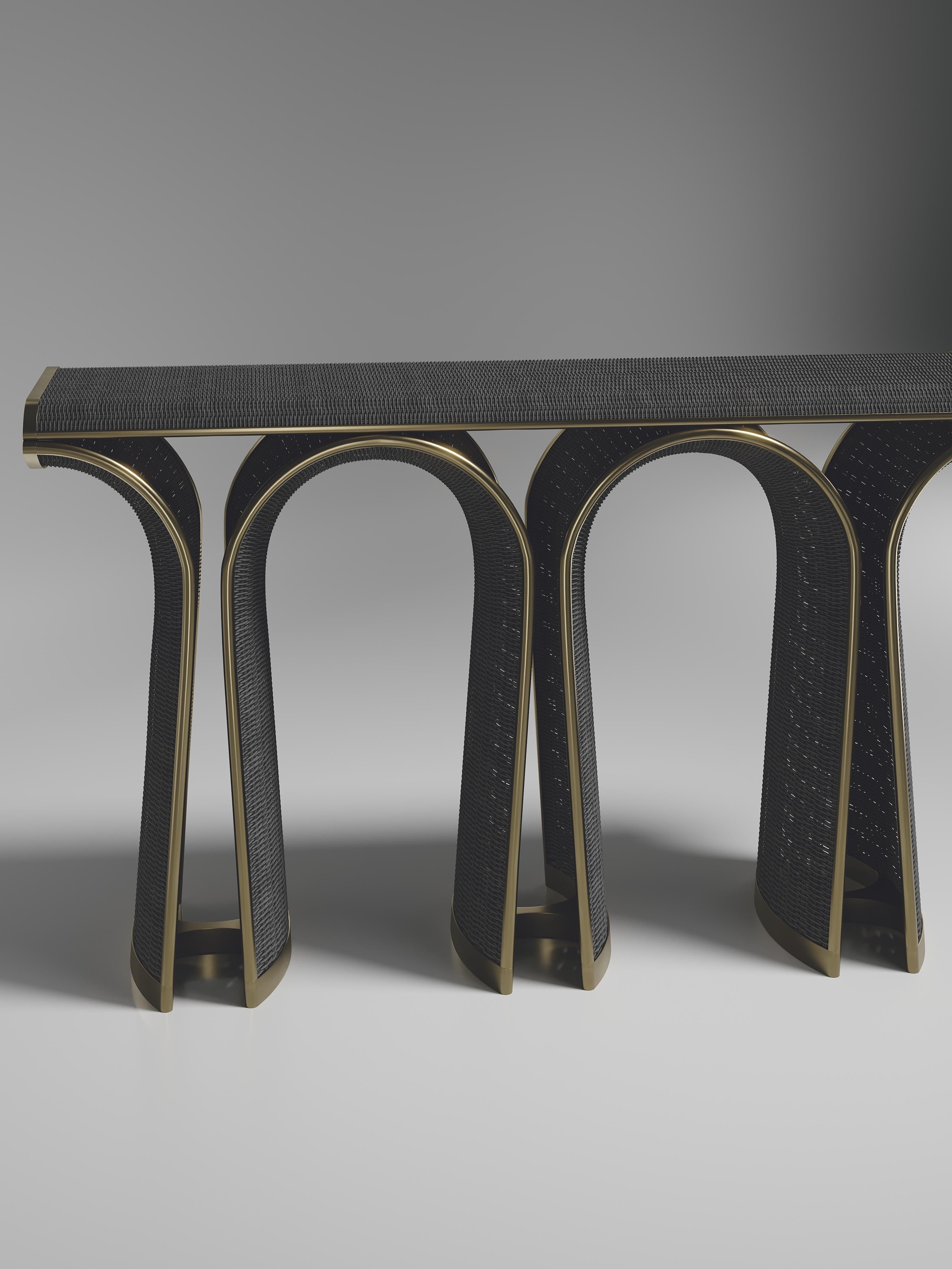 Hand-Crafted Rattan Console with Bronze-Patina Brass Inlay by R&Y Augousti For Sale