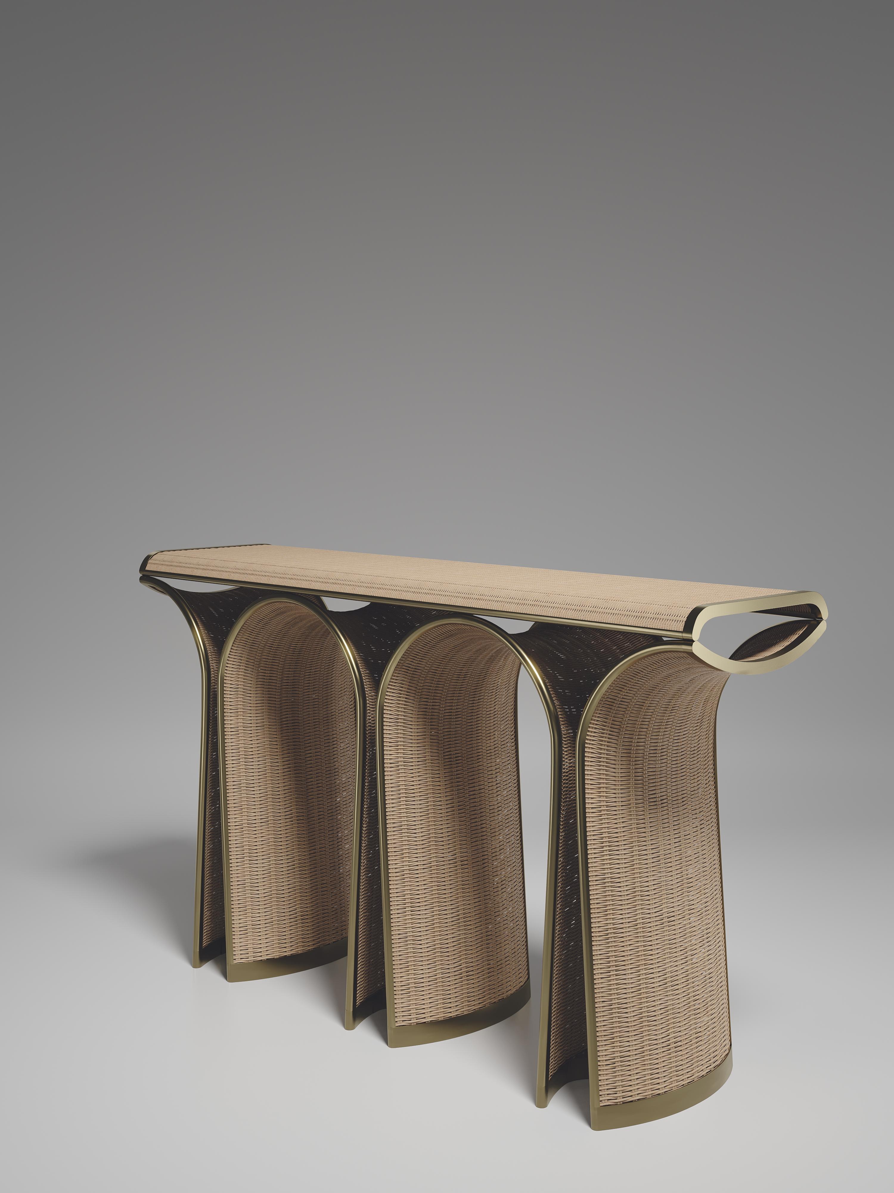 Contemporary Rattan Console with Bronze-Patina Brass Inlay by R&Y Augousti For Sale