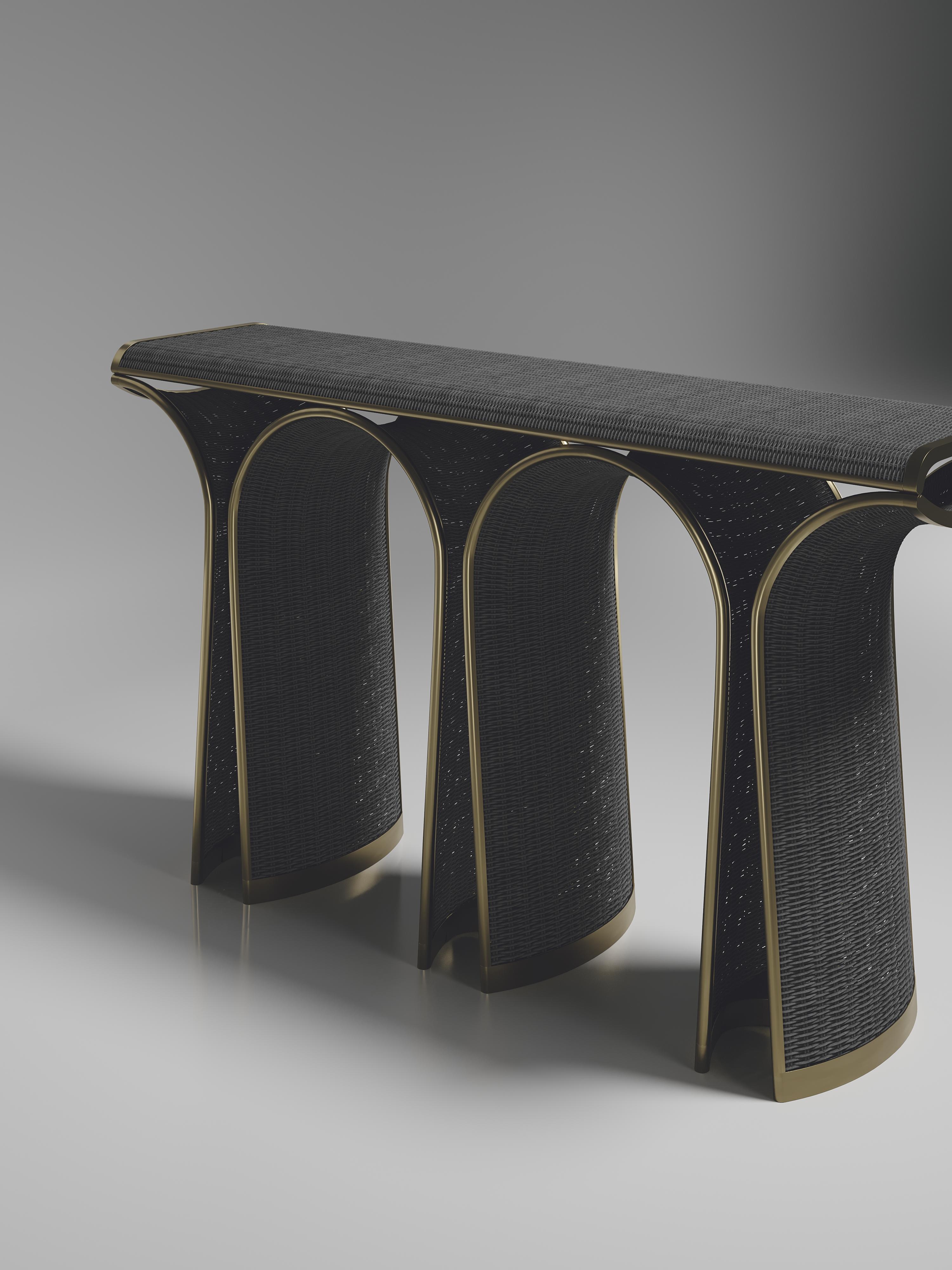 Rattan Console with Bronze-Patina Brass Inlay by R&Y Augousti In New Condition For Sale In New York, NY