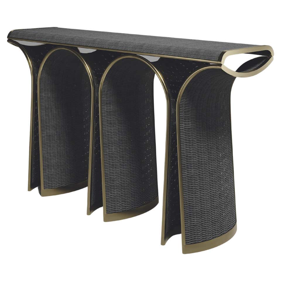 Rattan Console with Parchment and Bronze-Patina Brass Inlay by R&Y ...