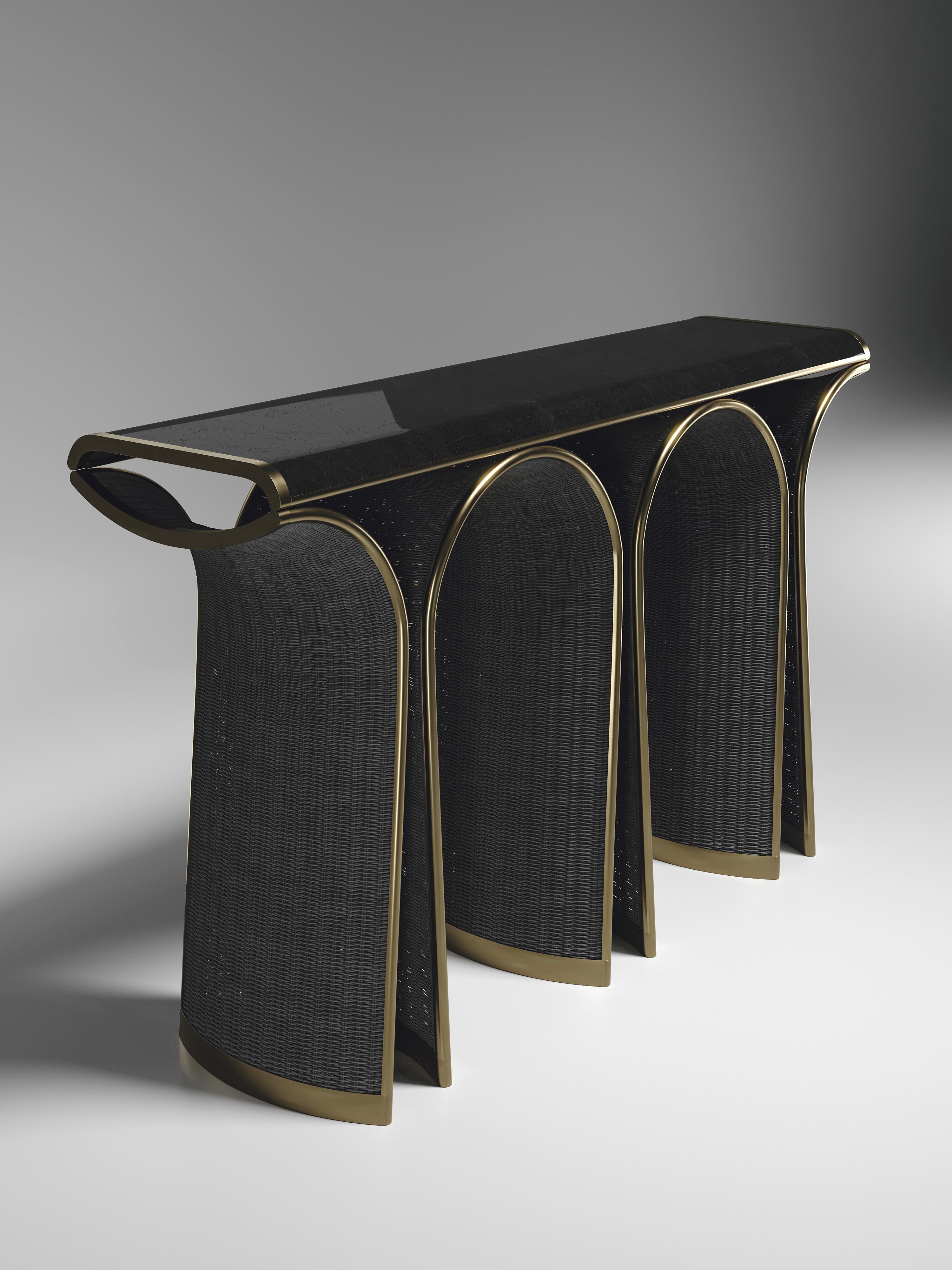 Rattan Console with Parchment and Bronze-Patina Brass Inlay by R&Y Augousti For Sale 4