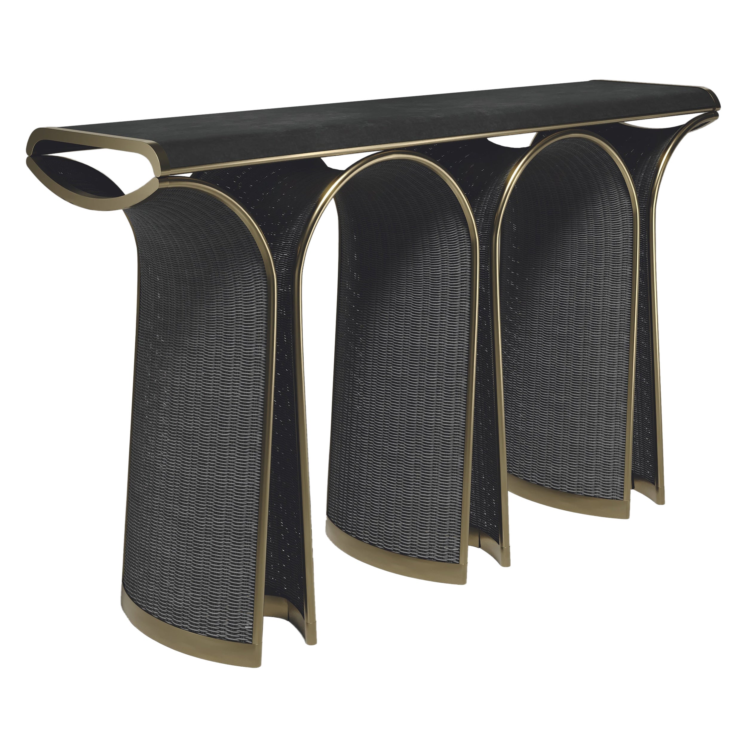 Rattan Console with Parchment and Bronze-Patina Brass Inlay by R&Y Augousti