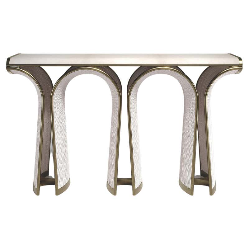 Rattan Console with Parchment and Bronze-Patina Brass Inlay by R&Y ...