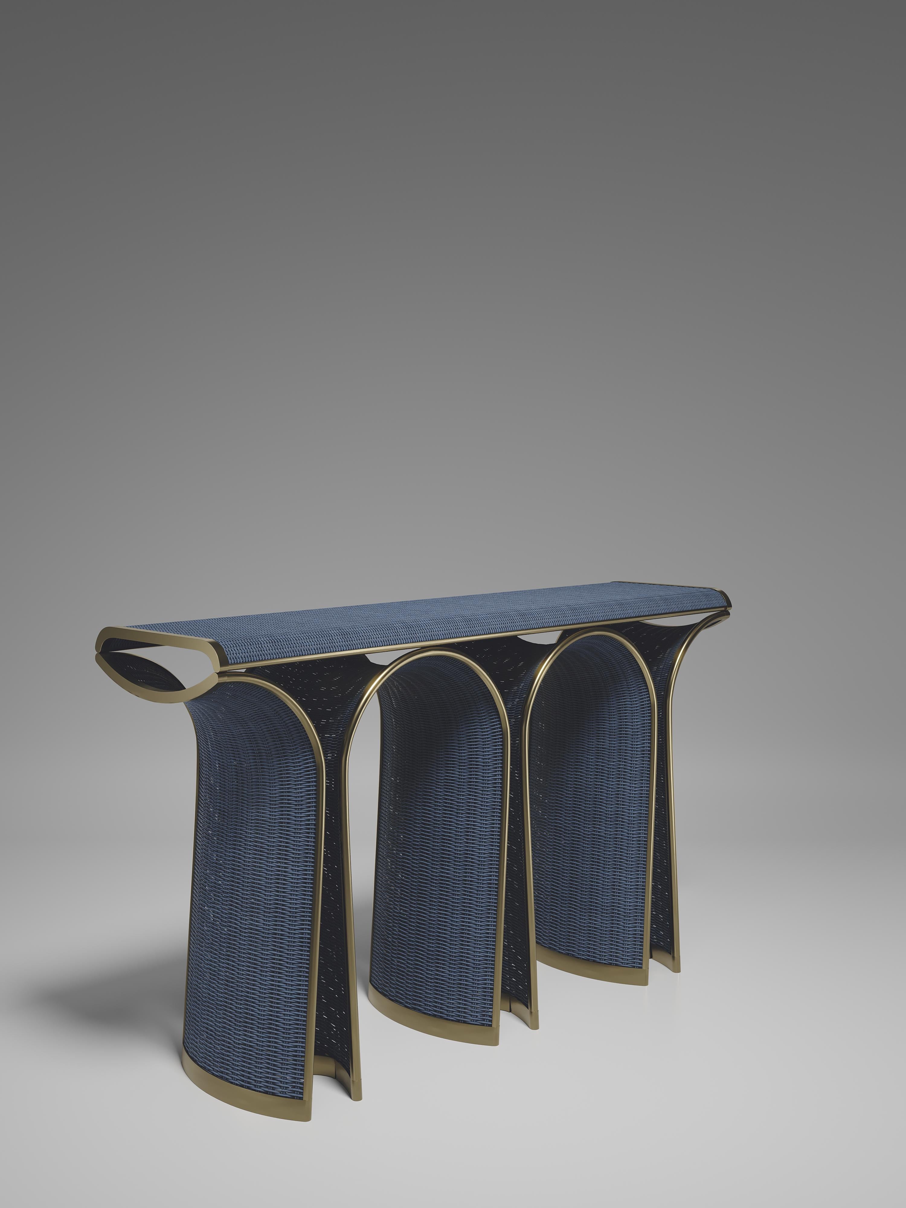 Contemporary Rattan Console with Shell and Bronze-Patina Brass Inlay by R&Y Augousti For Sale