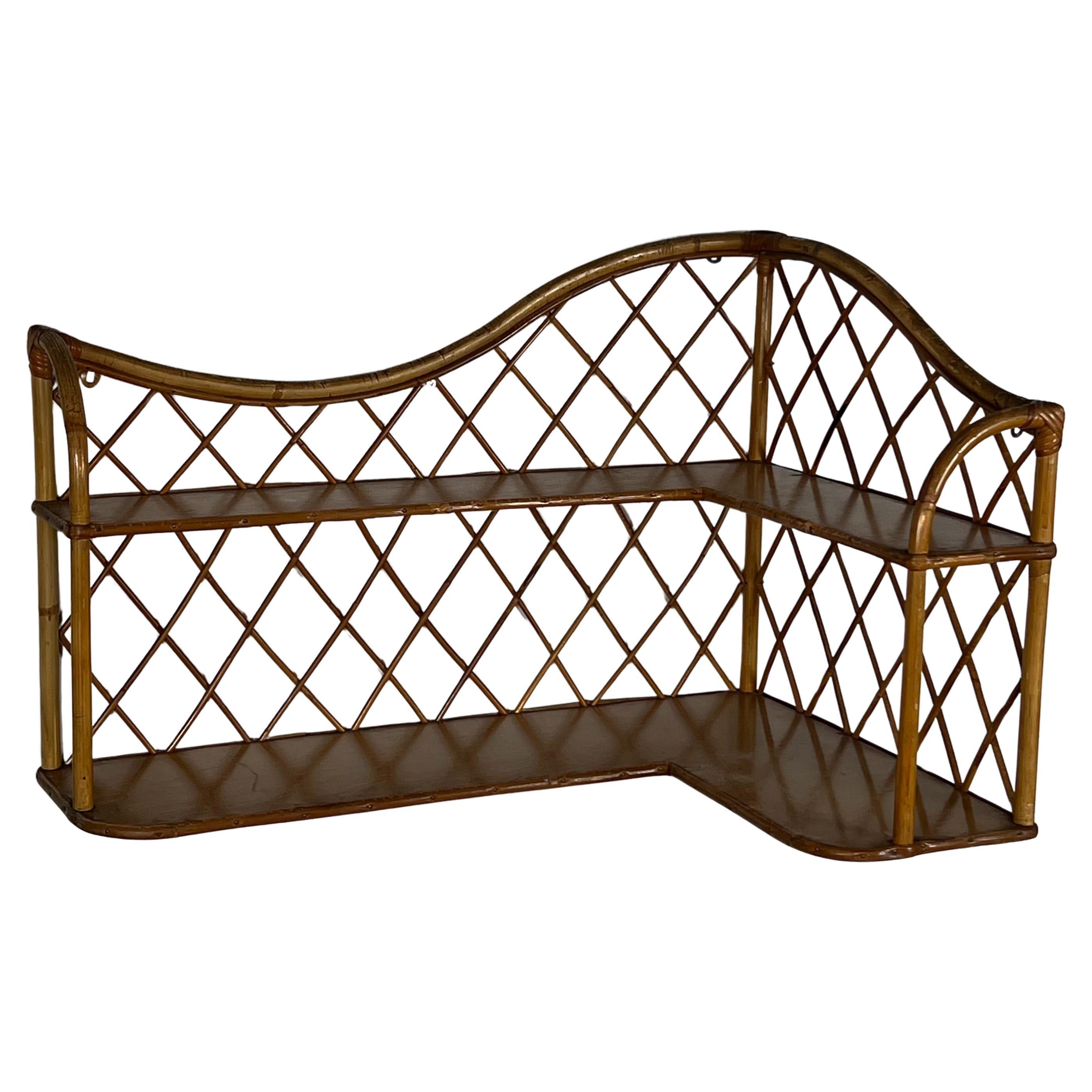 Rattan Corner Wall Shelves Attributed to Audoux-Minet in vendita