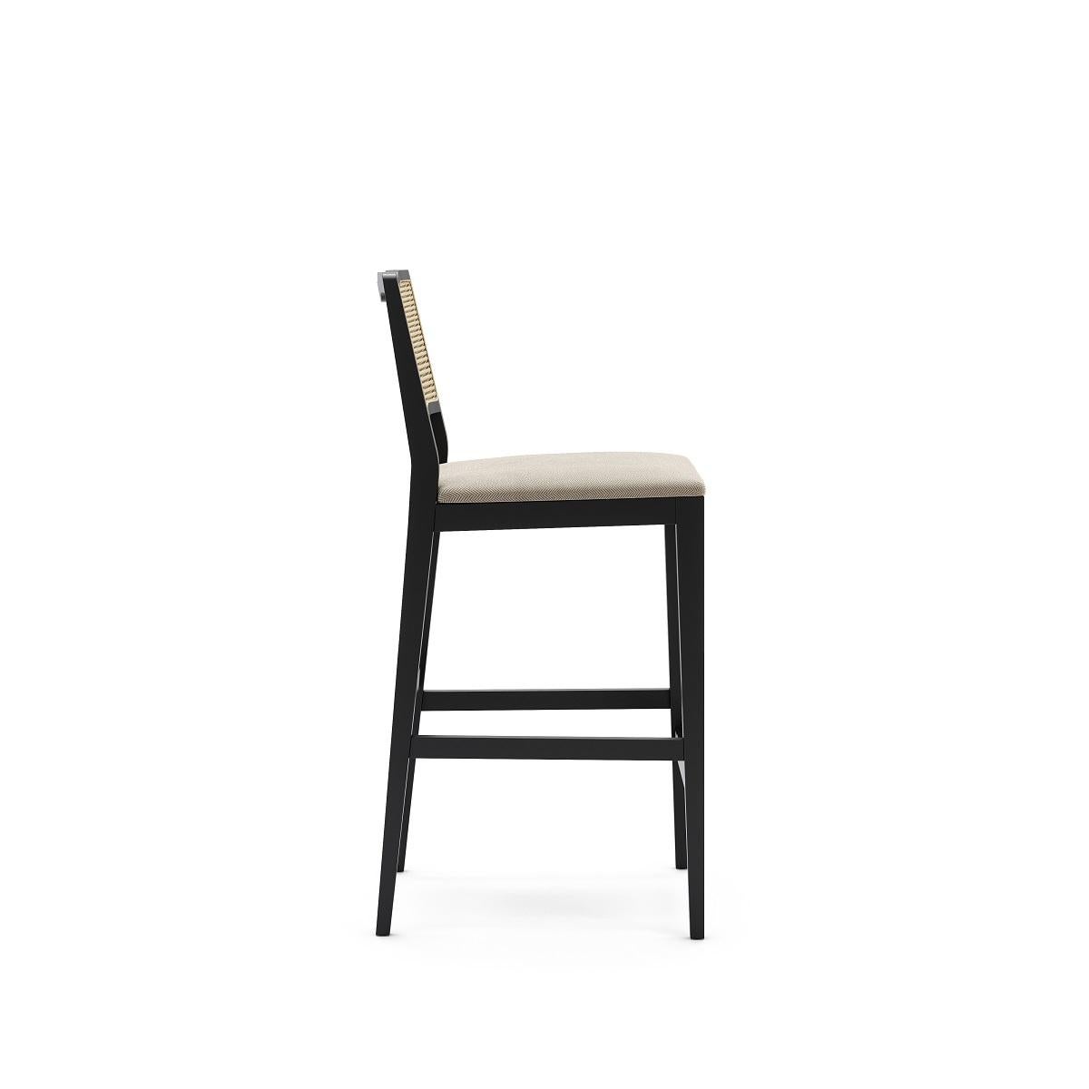 Modern Rattan Counter Stool in Black Lacquered Frame and Velvet Seat Cushion