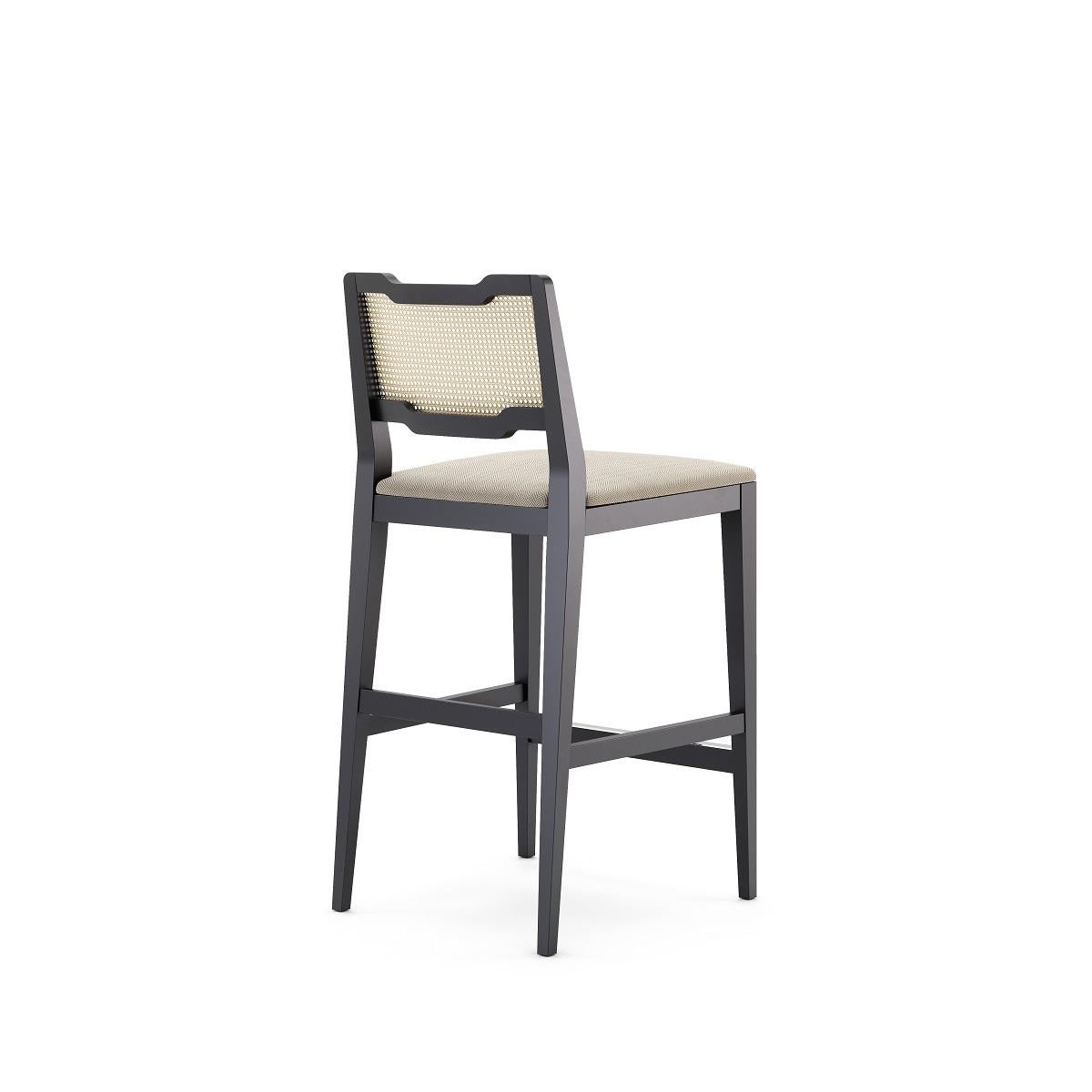 Portuguese Rattan Counter Stool in Black Lacquered Frame and Velvet Seat Cushion