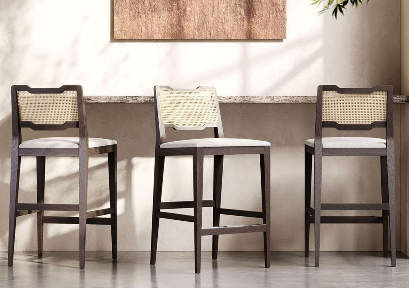 Contemporary Rattan Counter Stool in Black Lacquered Frame and Velvet Seat Cushion