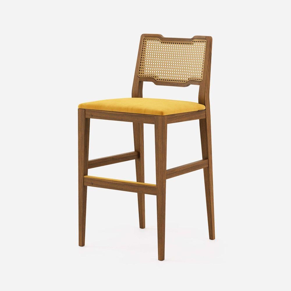 Rattan Counter Stool in Black Lacquered Frame and Velvet Seat Cushion 1