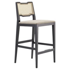 Rattan Counter Stool in Black Lacquered Frame and Velvet Seat Cushion