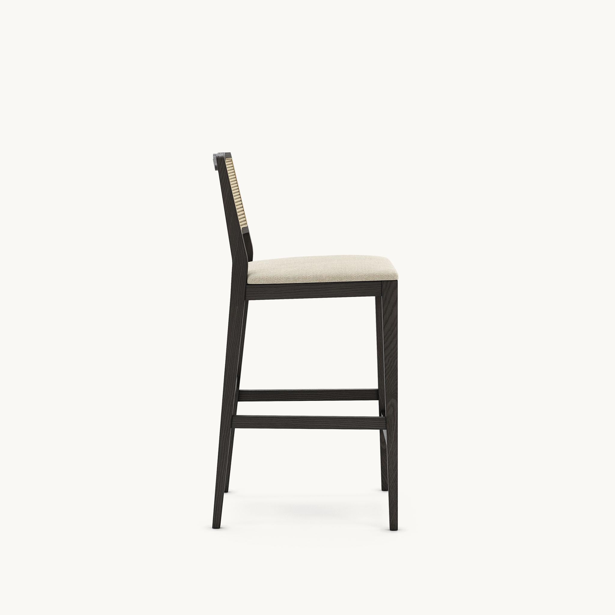 Portuguese Rattan Counter Stool in Graphite Ash Frame and Velvet Seat Cushion For Sale