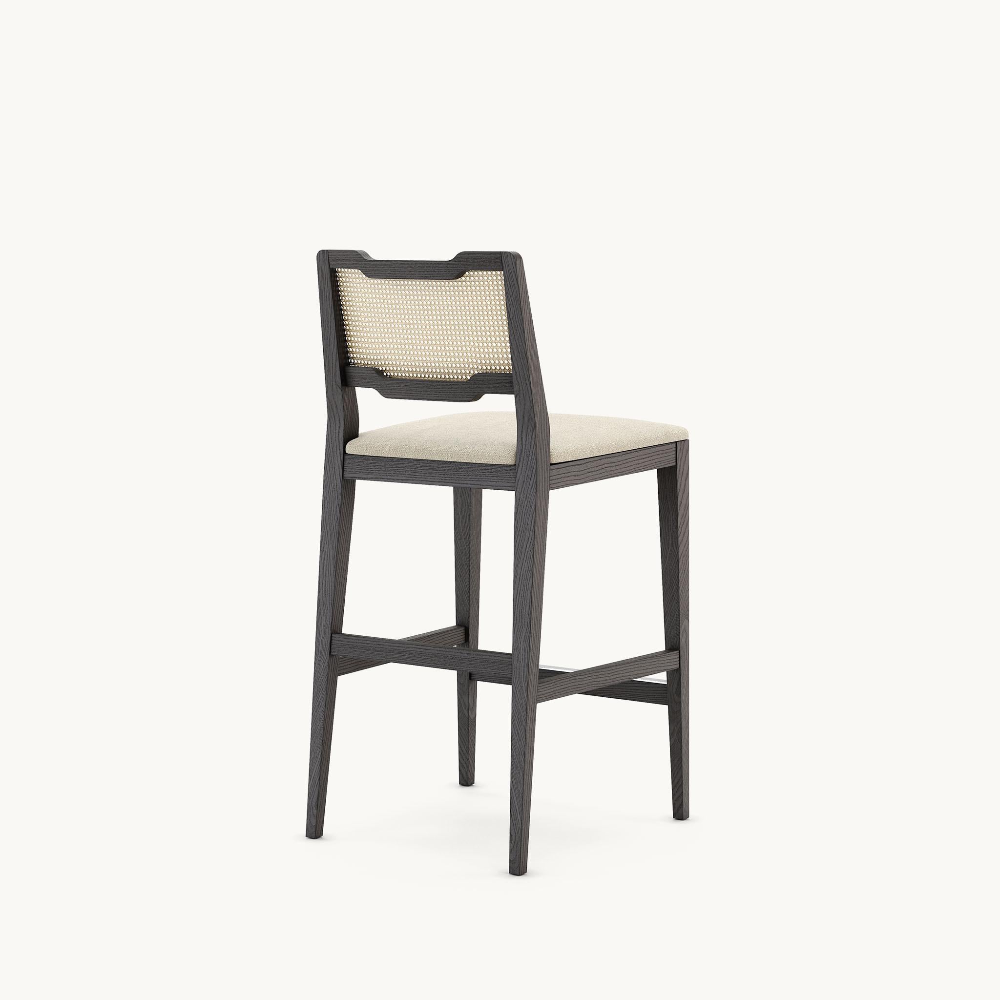 Hand-Crafted Rattan Counter Stool in Graphite Ash Frame and Velvet Seat Cushion For Sale