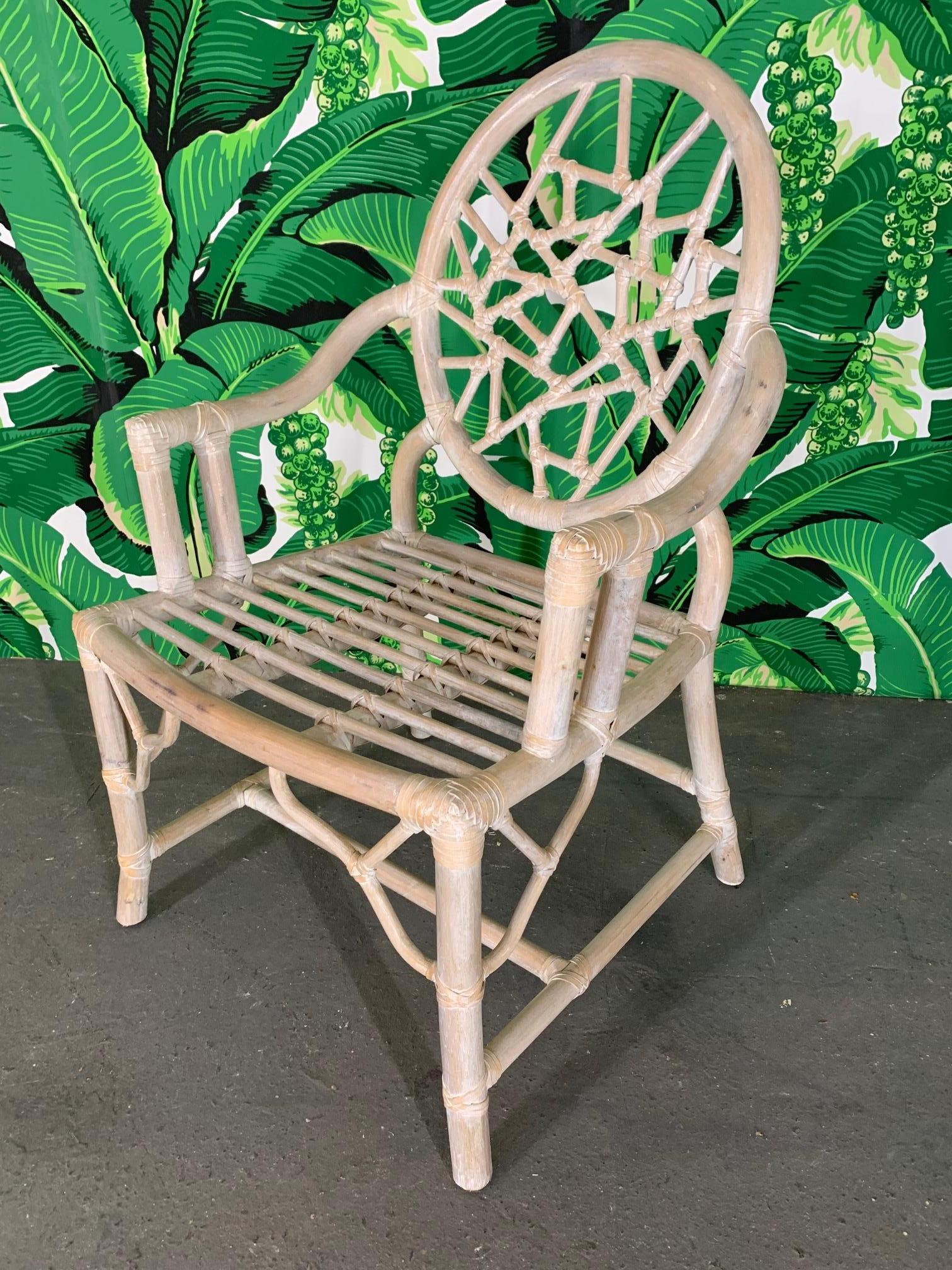 Hollywood Regency Rattan Cracked Ice Dining Chairs in the Manner of McGuire