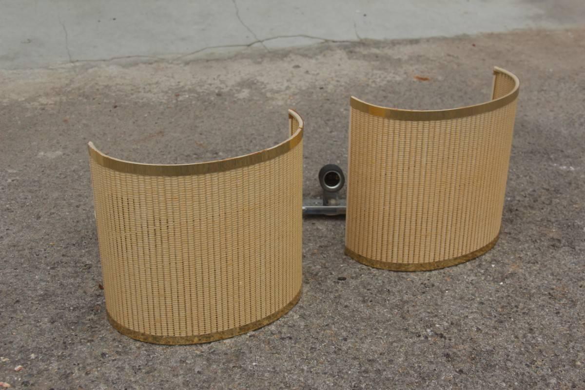 Late 20th Century Rattan Curved Wall Lamps and Very Elegant Brass 1970s 