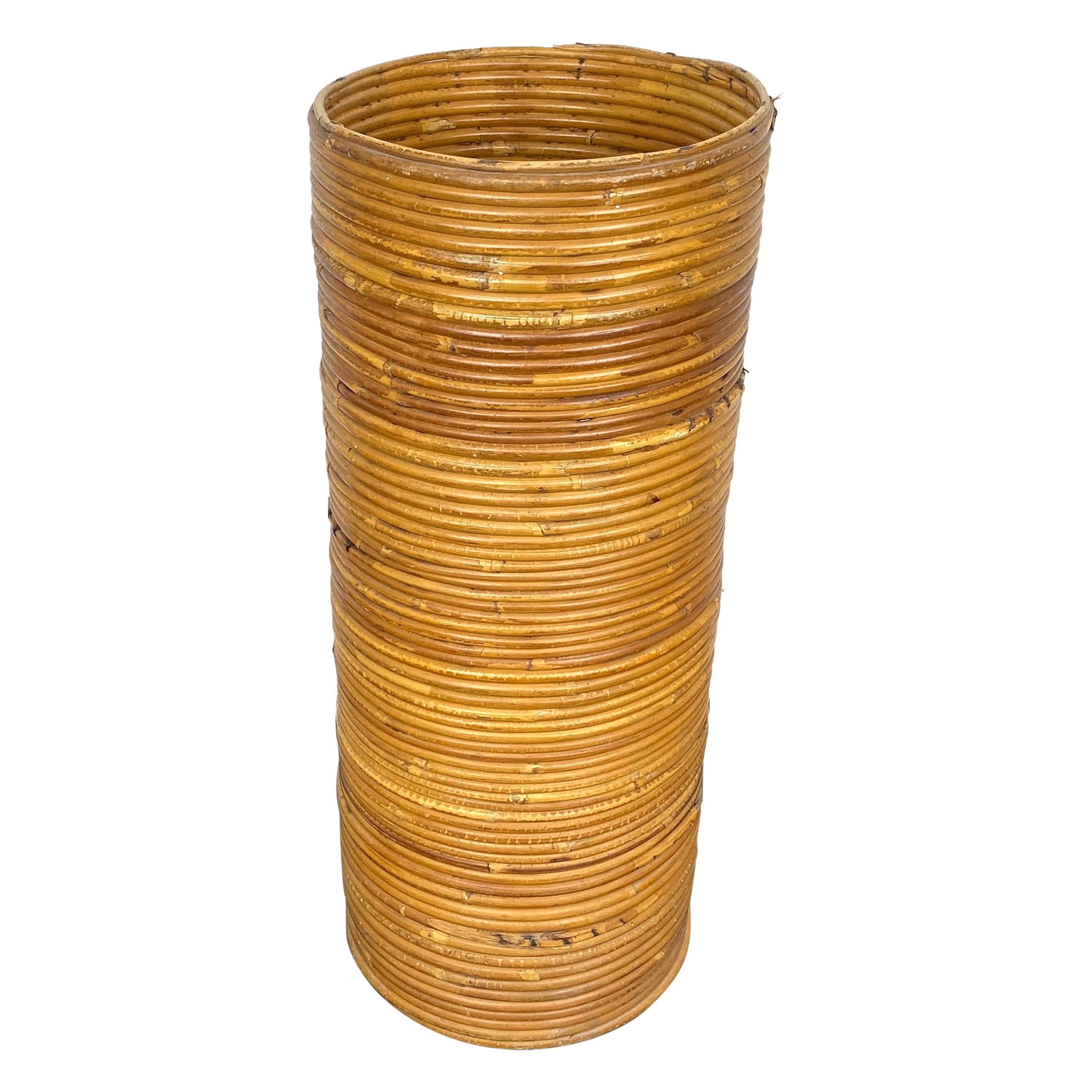 Rattan Cylindrical Umbrella Stand Basket, Italy, 1960s For Sale