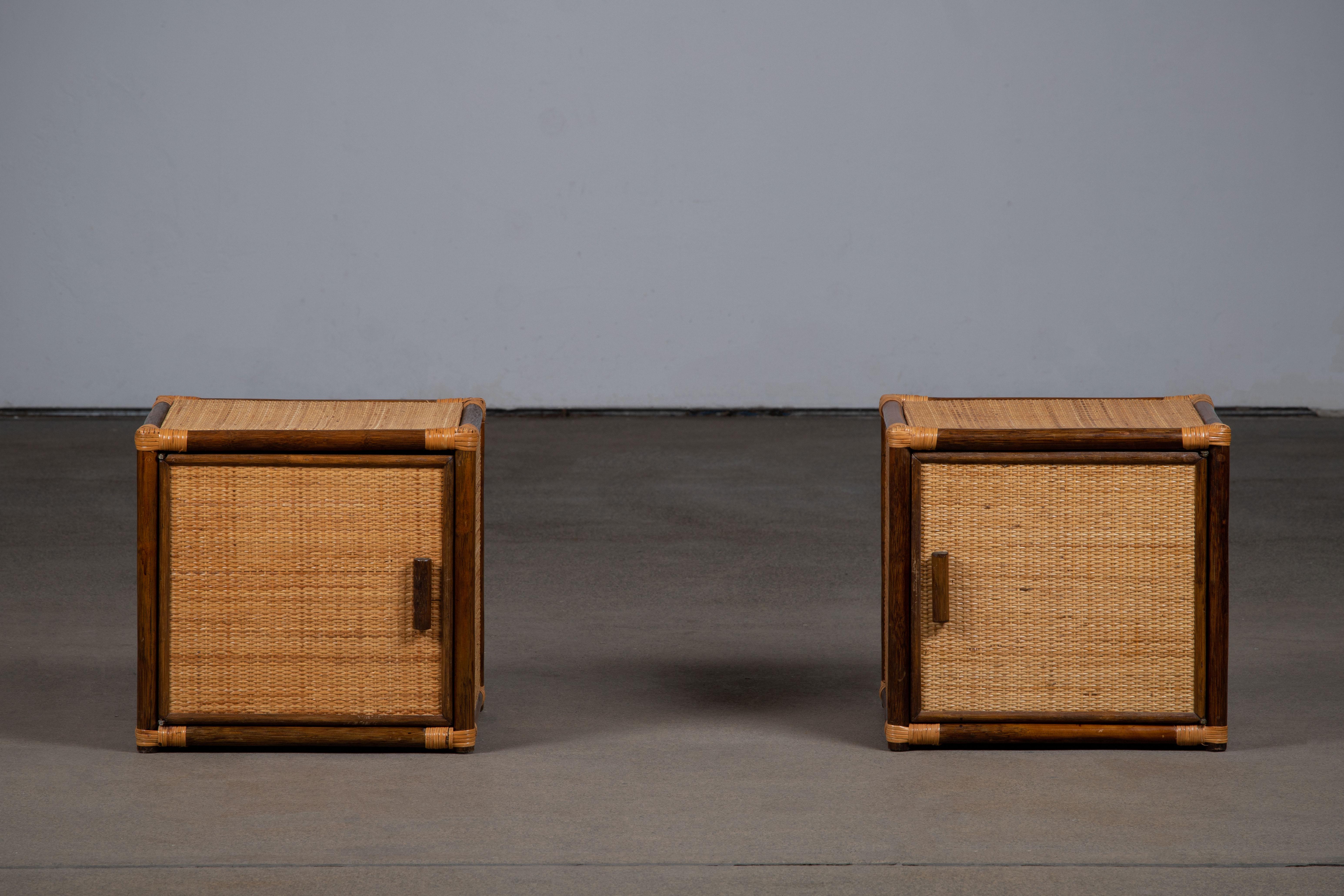Amazing midcentury pair of bamboo, Rattan single drawer end or side table. 
This wonderful piece was designed in Italy during the 1960s.

A fantastic item that will be a perfect addition in order to complete a midcentury studio or a