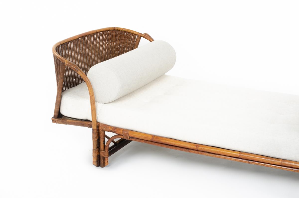 French Rattan Daybed with Linen Fabric, 1950