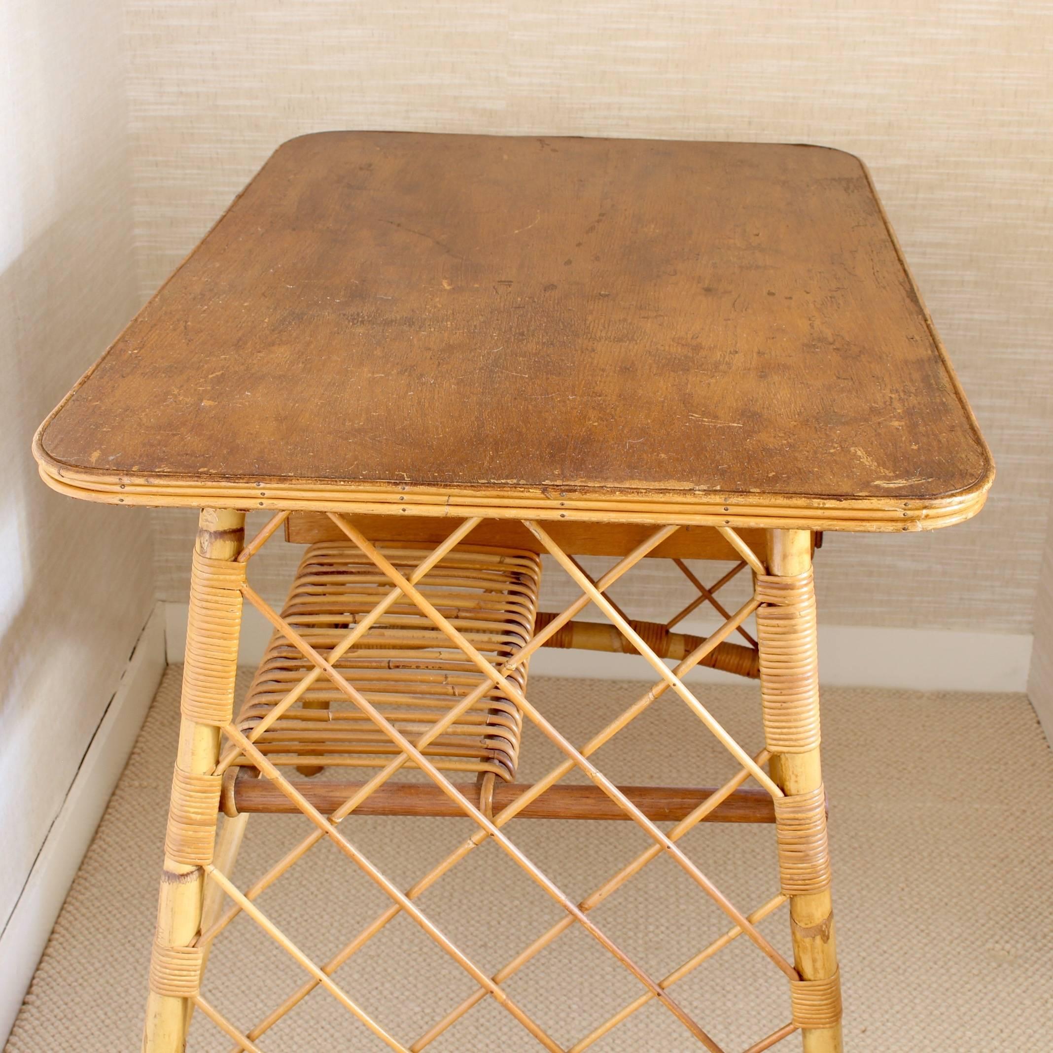 Rattan Desk or Vanity Table by Louis Sognot, circa 1950s 1