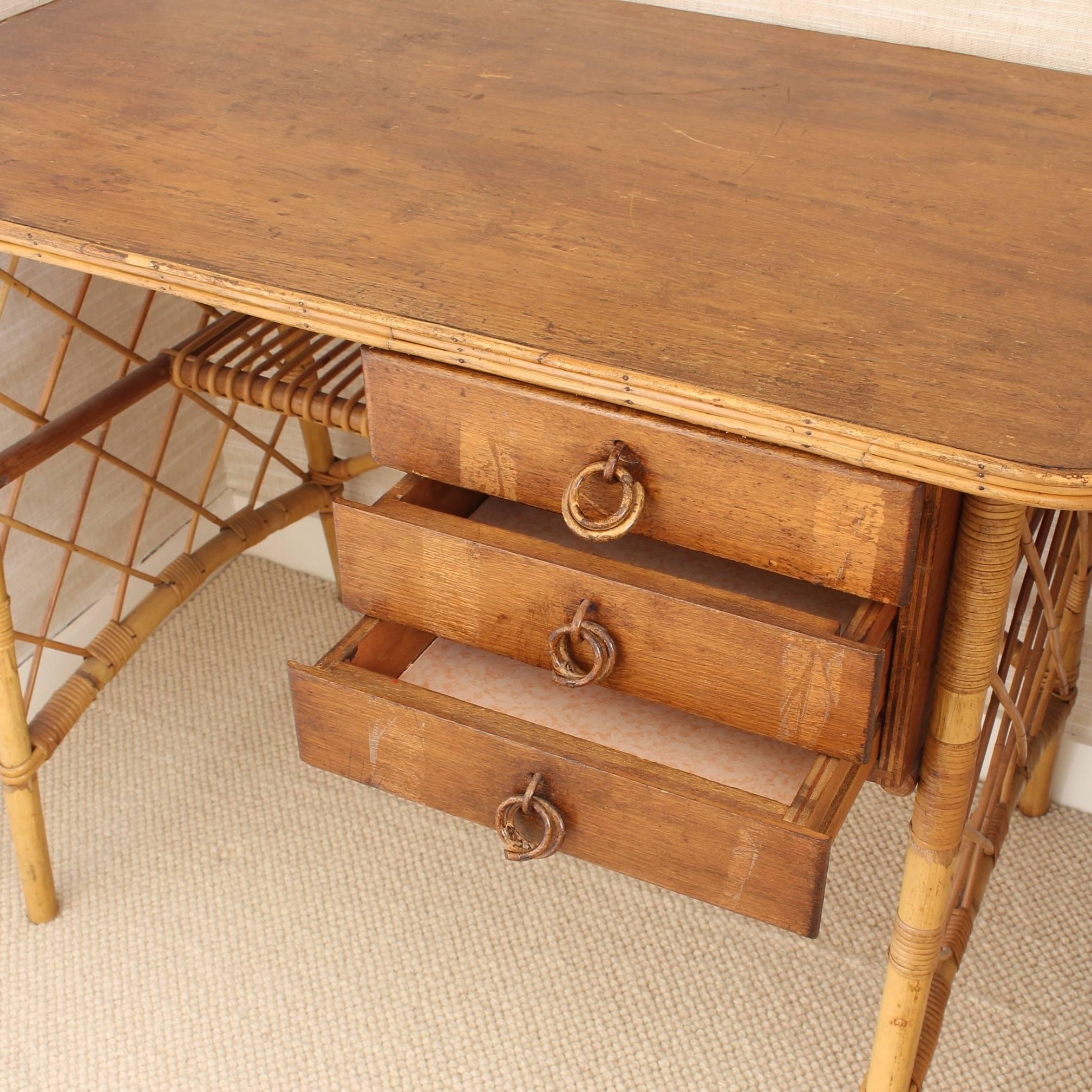 Rattan Desk or Vanity Table by Louis Sognot, circa 1950s 2