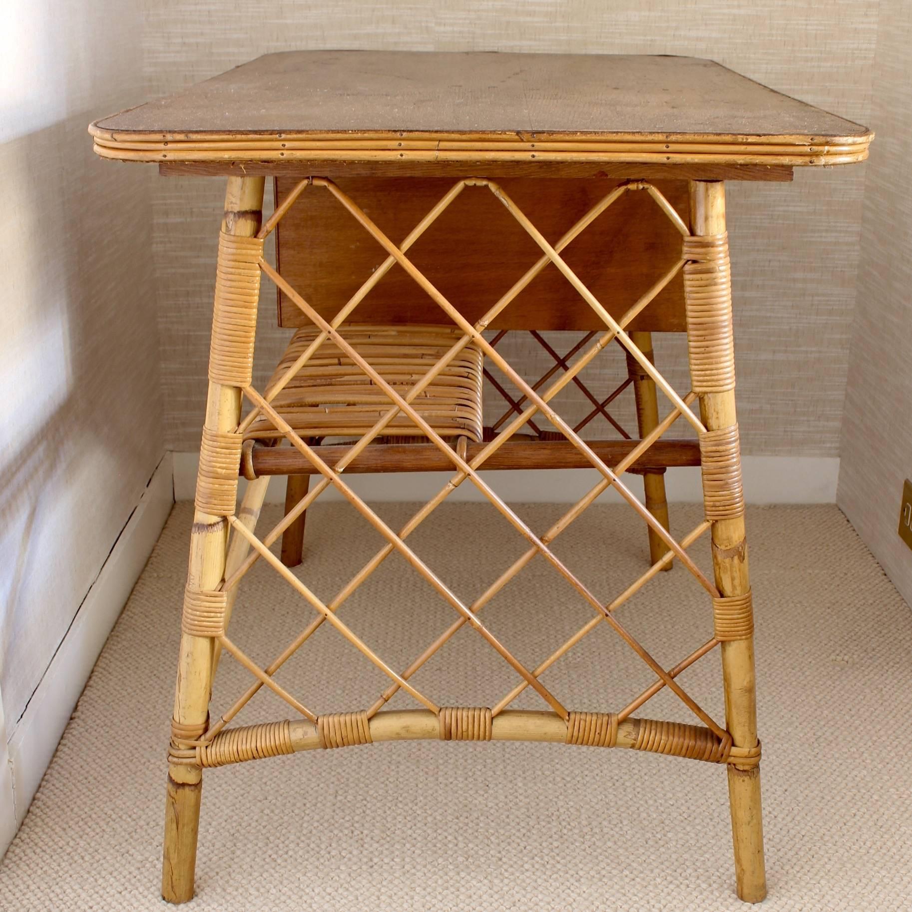 French Rattan Desk or Vanity Table by Louis Sognot, circa 1950s