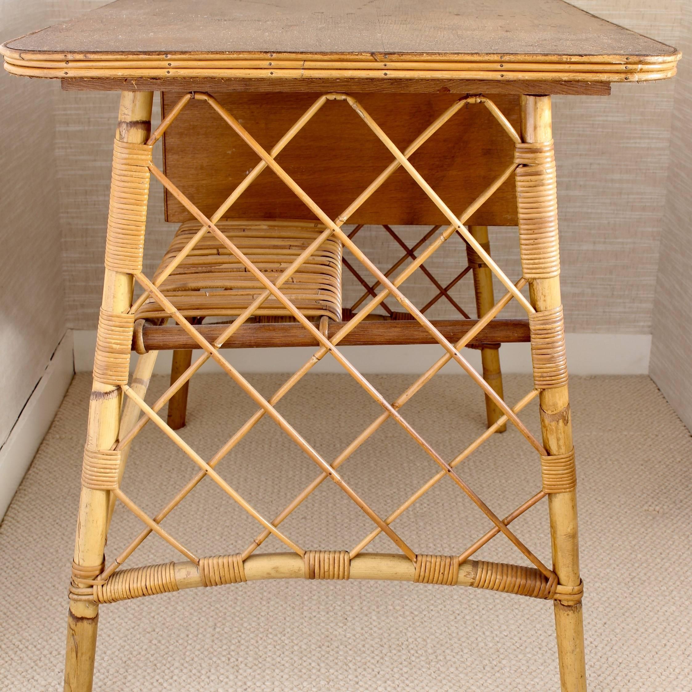 Rattan Desk or Vanity Table by Louis Sognot, circa 1950s In Fair Condition In London, GB