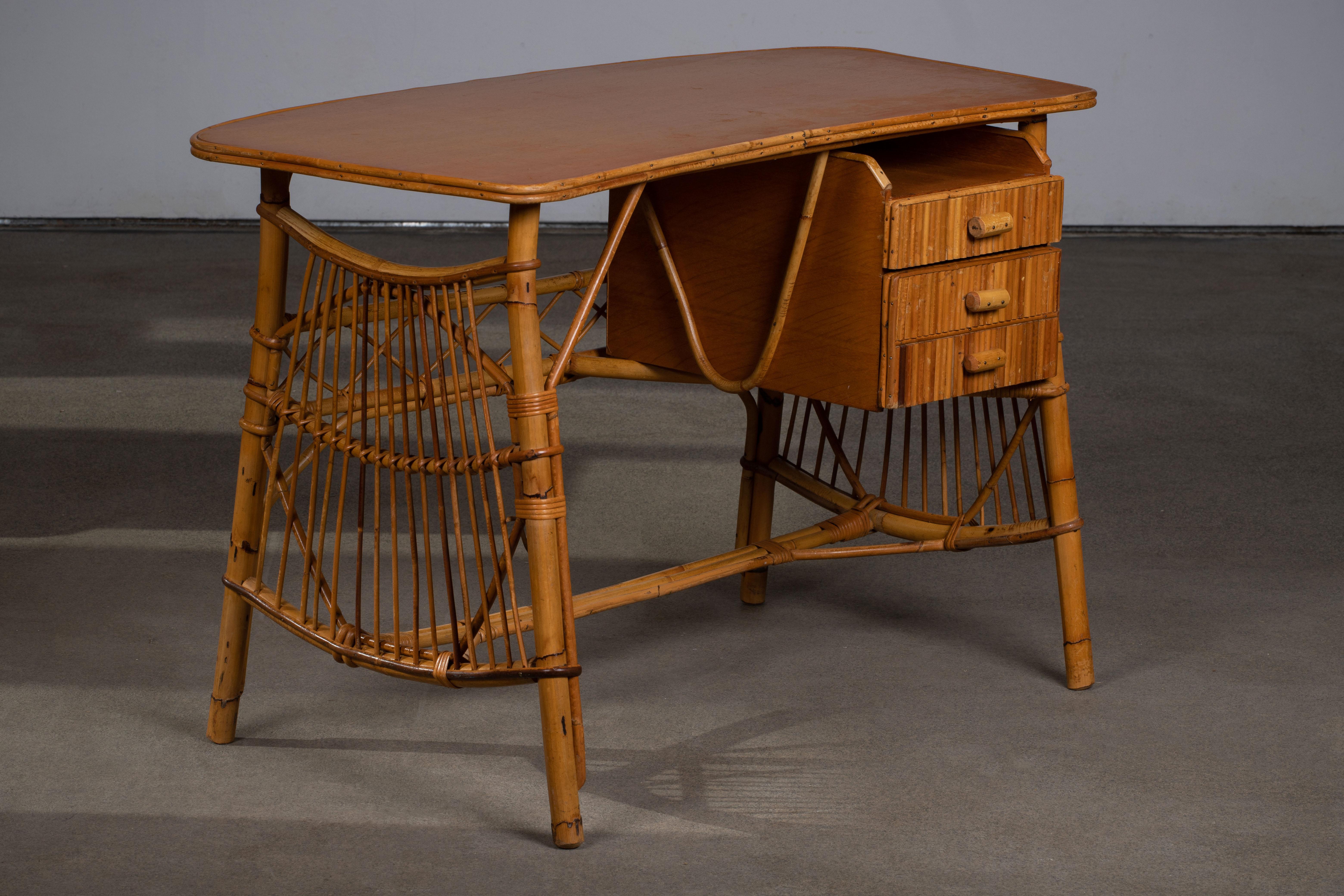 Rattan Desk Table and Chair by Louis Sognot, circa 1950s 4