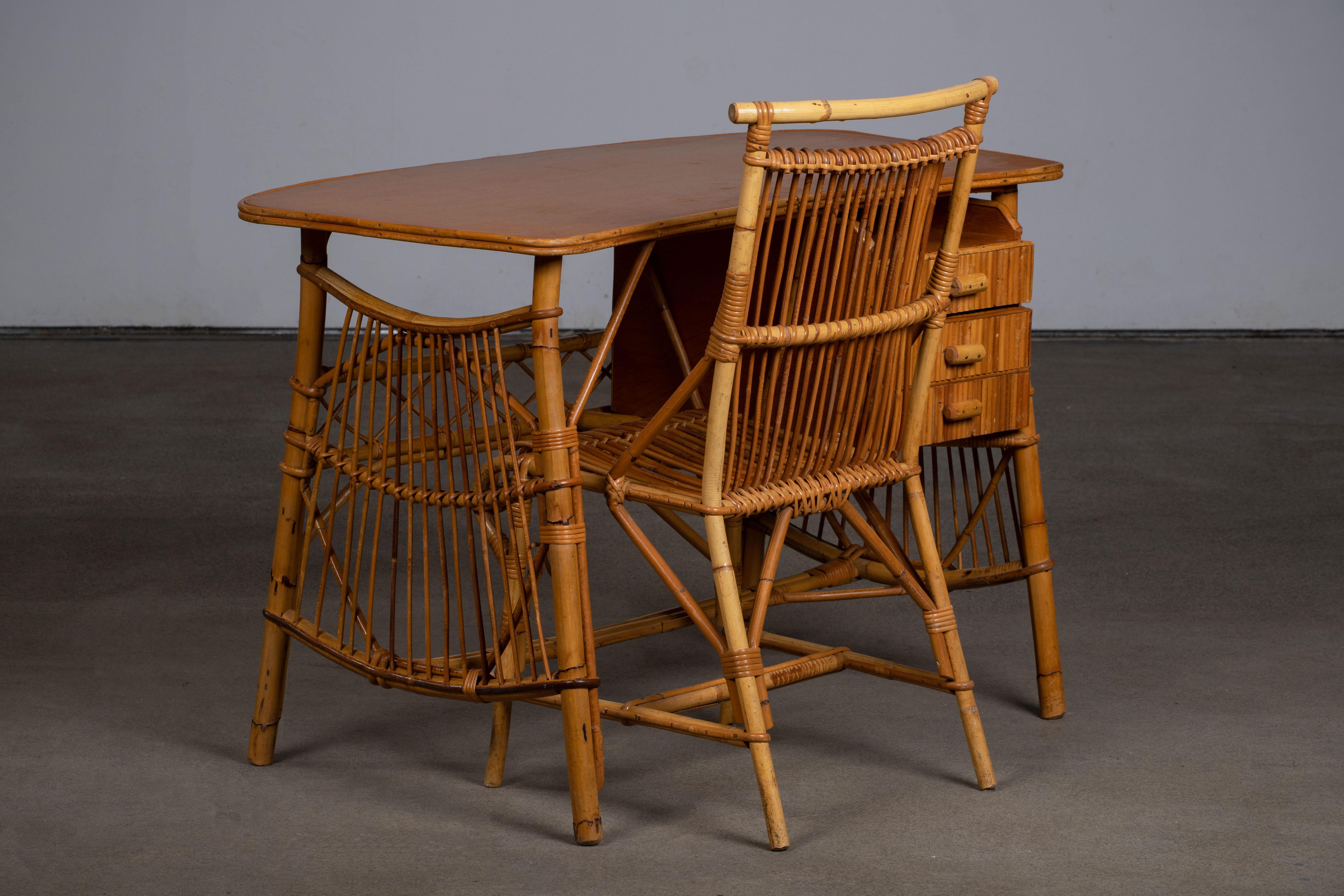 Rattan Desk Table and Chair by Louis Sognot, circa 1950s 7