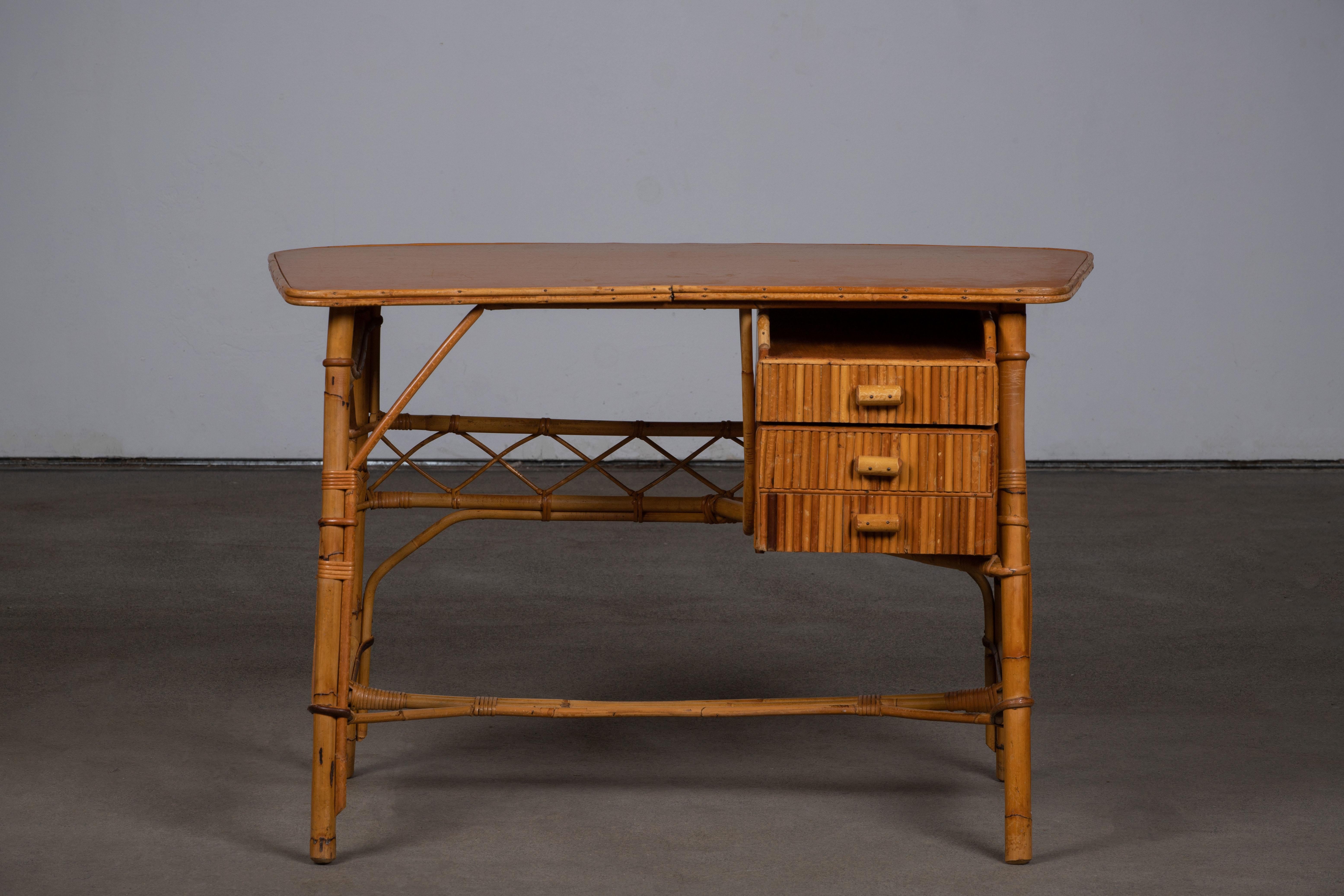 Mid-Century Modern Rattan Desk Table and Chair by Louis Sognot, circa 1950s