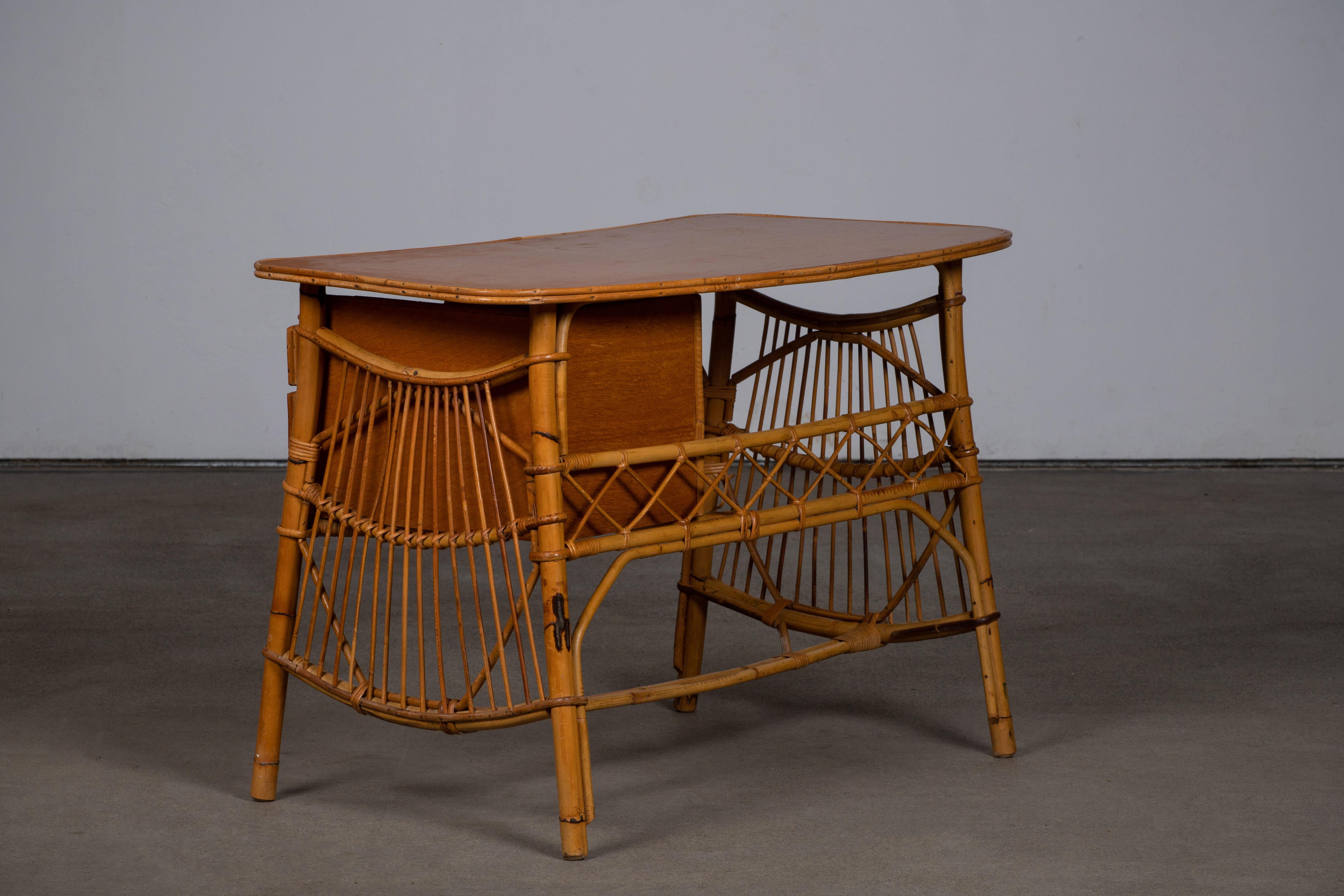 French Rattan Desk Table and Chair by Louis Sognot, circa 1950s