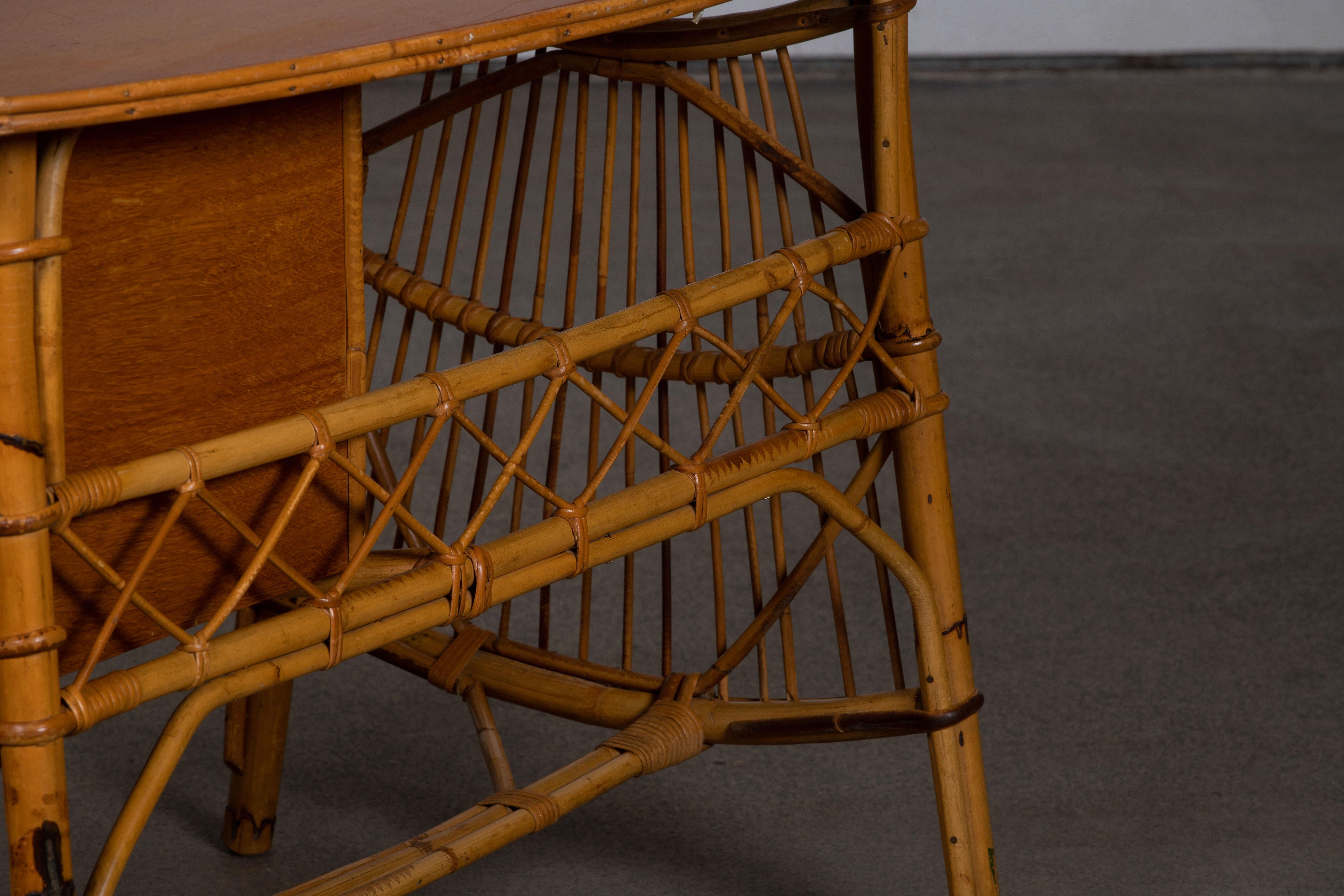 Mid-20th Century Rattan Desk Table and Chair by Louis Sognot, circa 1950s