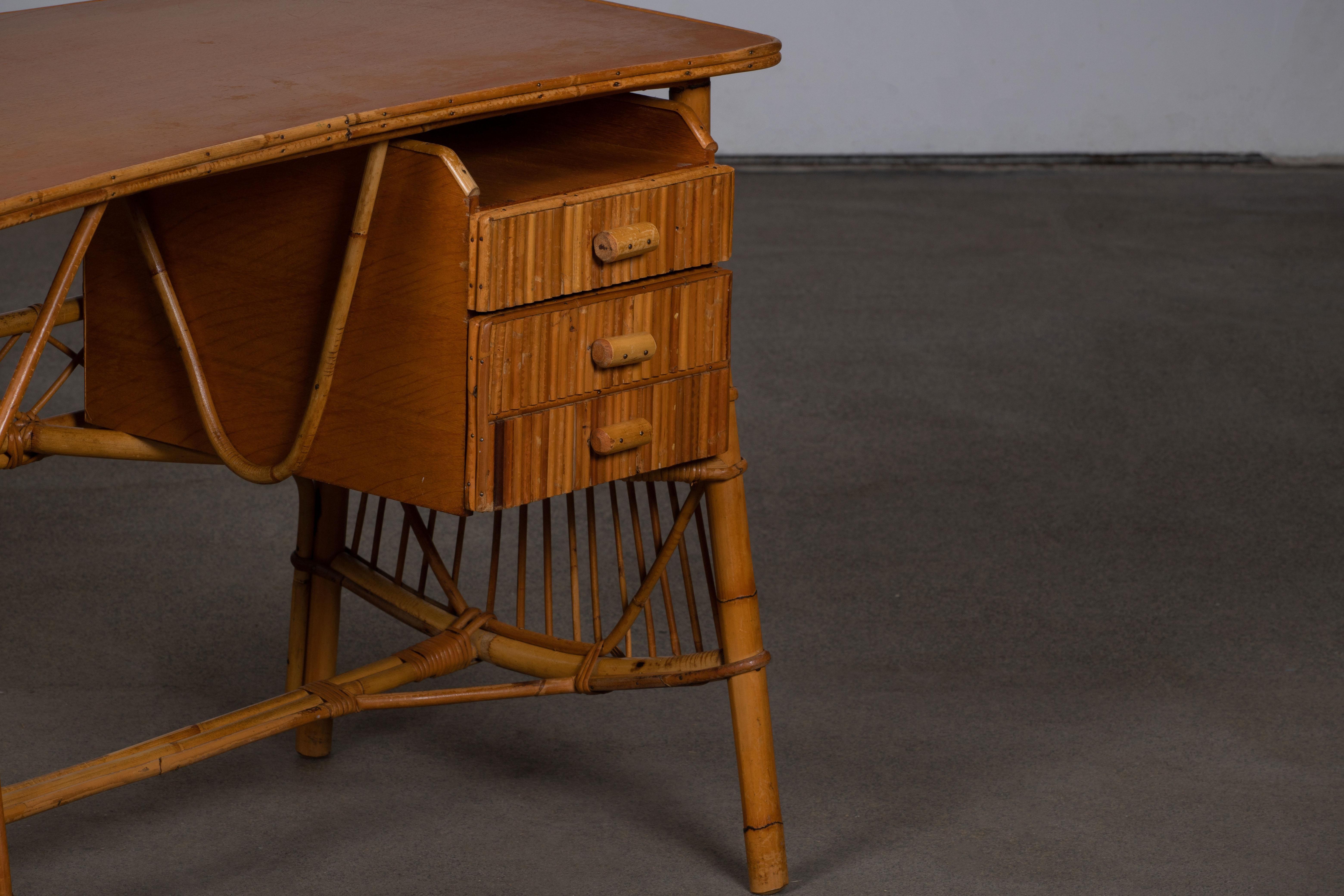 Rattan Desk Table and Chair by Louis Sognot, circa 1950s 1
