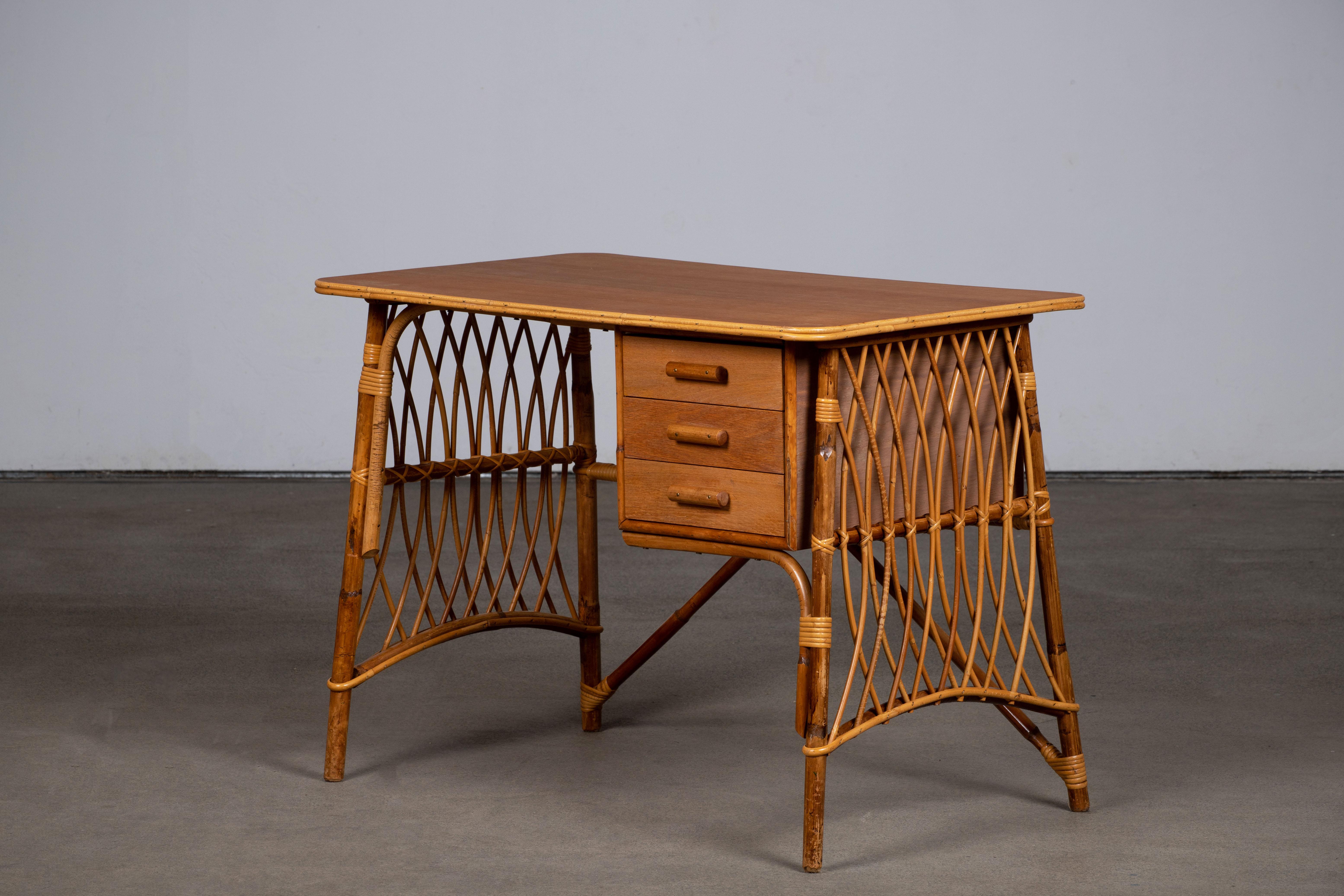 Rattan Desk Table by Louis Sognot, circa 1950s 4