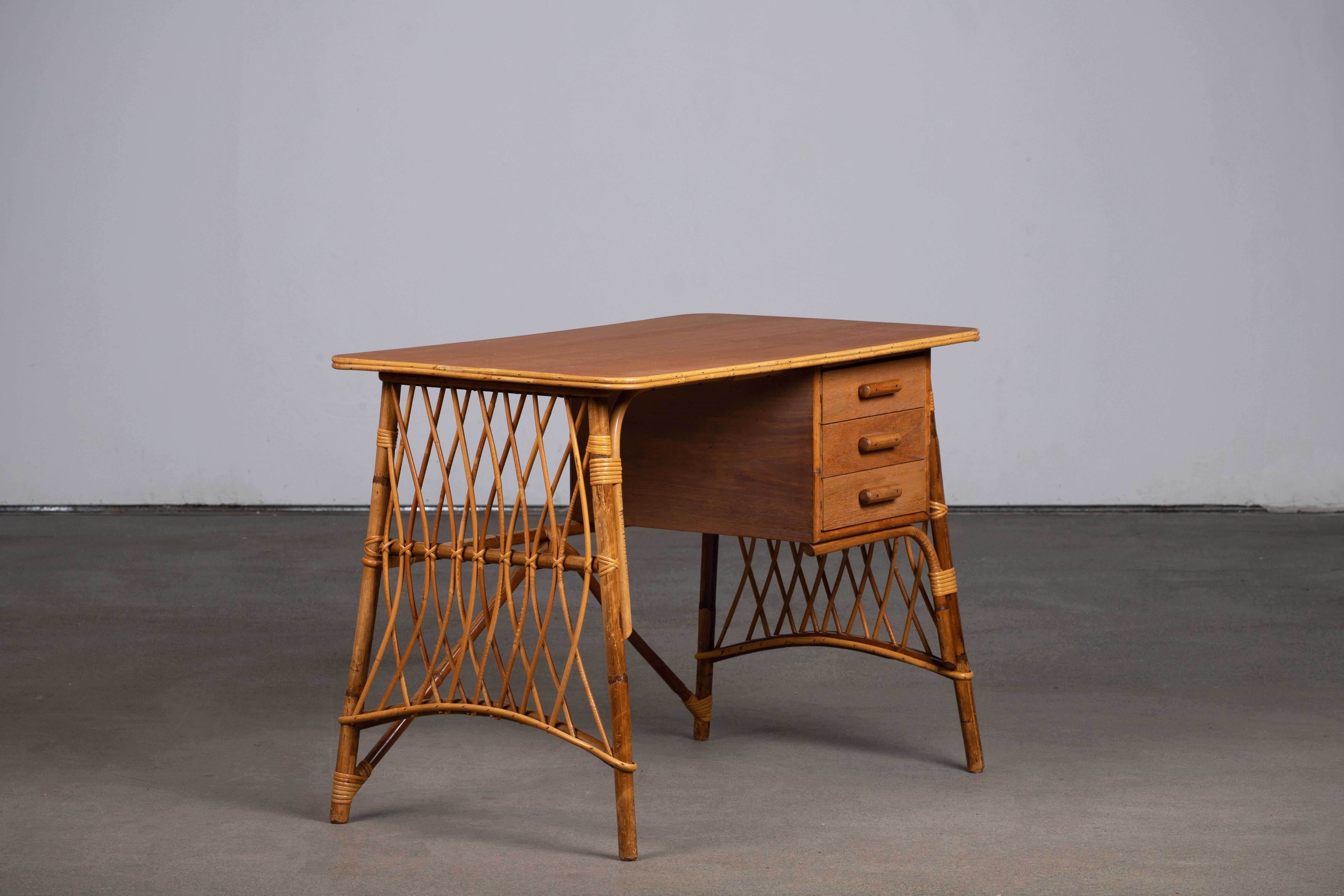 Rattan Desk Table by Louis Sognot, circa 1950s 6
