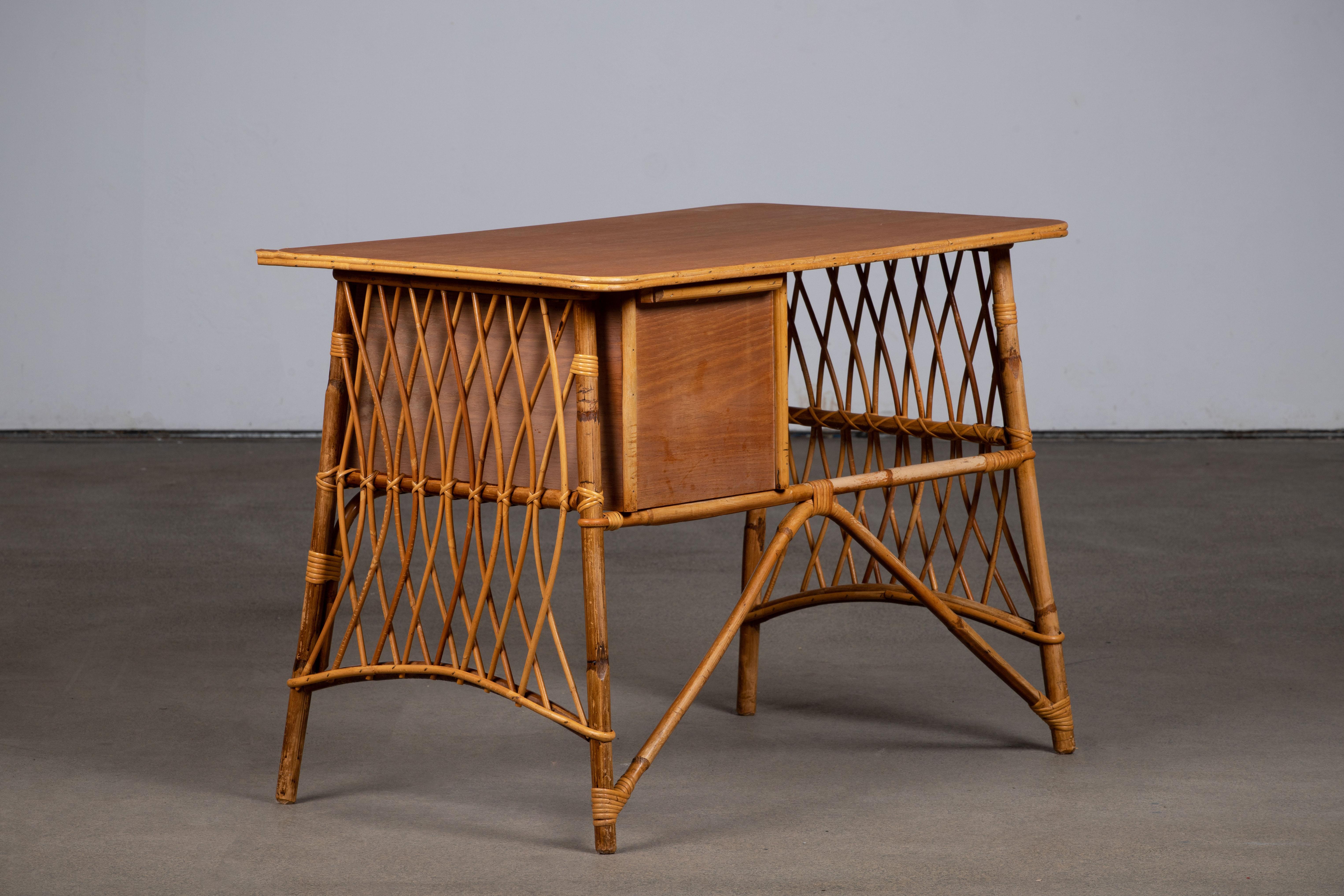 French Rattan Desk Table by Louis Sognot, circa 1950s