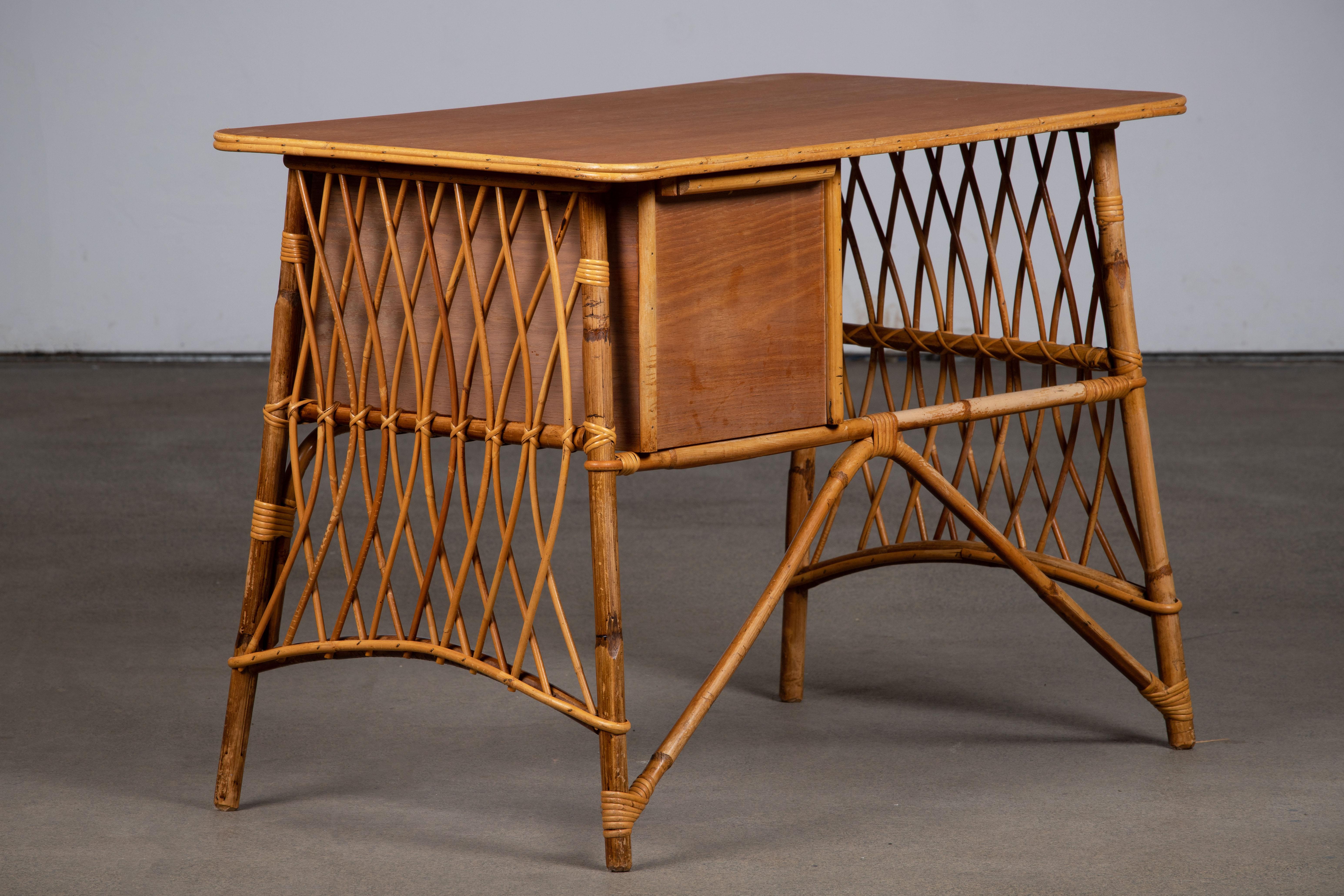 Rattan Desk Table by Louis Sognot, circa 1950s In Good Condition In Wiesbaden, DE